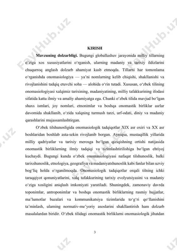 tik birliklarni so‘rovnoma, lug‘at va korpus ma’lumotlari asosida yig‘ish, ularni mavzular bo‘yicha guruhlash. – to‘plangan onomastik birliklarni kelib chiqishi, shakllanishi va ma’nosining o‘zgarish qonuniyatlari nuqtai nazaridan tahlil qilish. – o‘zbek onomastik merosining tarixiy konteksti va madaniy xususiyatlarini aniqlash, nomlarning xalq tafakkuri bilan bog‘liqligini o‘rganish. kurs ishining predmeti. oʻzbek tilidagi onomastik birliklarning nazariy-metodologik va amaliy jihatlari, yaʼni antroponimlar (shaxs ismlari va familiyalari), toponimlar (joy nomlari), etnonimlar (xalq nomlari) hamda boshqa onomastik birliklarning kelib chiqishi, semantik strukturalari va ularning madaniy-tarixiy funksiyalaridir. kurs ishining obyekti. oʻzbek tilida nom berish va nomlanish jarayonlari, yaʼni tilshunoslik nuqtai nazaridan onomastik birliklarning (antroponimlar, toponimlar, etnonimlar va boshqa nomlash elementlari) kelib chiqishi, shakllanishi va ishlatilish mexanizmlaridir. kurs ishining tuzilishi: kirish, 2 ta bob, umumiy xulosa va foydalanilgan adabiyotlar ro‘yxatidan iborat. i-bob. oʻzbek tilida onomasiologiyaning nazariy asoslari 1.1. onomasiologiya tushunchasi va uning tilshunoslikdagi oʻrni onomasiologiya — bu tilshunoslik sohasida ob’ektlarni, tushunchalarni, hodisalarni qanday nomlar bilan ifodalash va ularni ifodalashda …