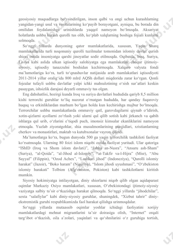 zoni shakllanishining eng muhim omillaridan biridir. bugungi kunda dinga bo‘lgan qiziqishning kuchayib borishi globallashuv jarayonlarining o‘ziga xos in’ikosi deyish mumkin. zero, globallashuv dunyoni bir butun va yaxlit qila borishi bilan bir qatorda, uning hosilasi sifatida alohida olingan millat va jamiyatlar darajasida o‘z-o‘zini anglashga bo‘lgan intilishning chuqurlashuviga ham zamin yaratmoqda. afsuski, kommunikatsiya va informatsion texnologiyalarning tez sur’atlardagi taraqqiyoti g‘oyaviy ta’sir o‘tkazish imkoniyatlarining kengayishiga turtki bo‘lib, geosiyosiy maqsadlarga bo‘ysindirilgan, inson qalbi va ongi uchun kurashlarning yangidan-yangi usul va vositalarining ko‘payib borayotgani, ayniqsa, bu borada din omilidan foydalanishga urinishlarda yaqqol namoyon bo‘lmoqda. aksariyat holatlarda ushbu kurash qurolli tus olib, ko‘plab xalqlarning boshiga fojiali kunlarni solmoqda. so‘nggi yillarda dunyoning qator mamlakatlarida, xususan, yaqin sharq mamlakatlarida turli noqonuniy qurolli tuzilmalar tomonidan islomiy davlat qurish shiori ostida insoniyatga qarshi jinoyatlar sodir etilmoqda. oqibatda, iroq, suriya, liviya kabi aslida ulkan iqtisodiy salohiyatga ega mamlakatlar chuqur ijtimoiy-siyosiy, iqtisodiy tanazzulni boshidan kechirmoqda. xalqaro valyuta fondi ma’lumotlariga ko‘ra, turli to‘qnashuvlar …