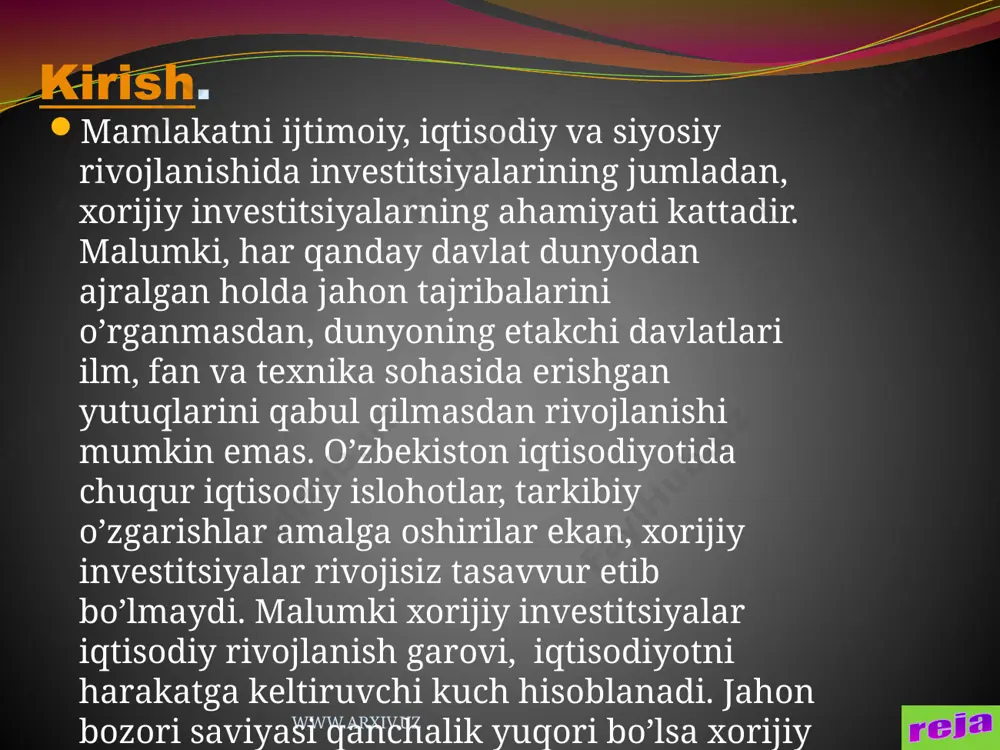 lar shu yilning to‘qqiz oyida 18,4 ming yangi kichik biznes va xususiy tadbirkorlik sub’ektlarini tashkil etish imkonini berdi. ushbu sohaning yalpi ichki mahsulotdagi ulushi 51 foizga yetdi. www.arxiv.uz investitsiya muhiti haqida tushuncha prezidentimiz islom karimovning 2010-yil 15- dekabrda qabul qilingan va mamlakatimiz sanoatini barqaror, jadal va muvozanatli rivojlantirishga qaratilgan “2011-2015-yillarda o‘zbekiston respublikasi sanoatini rivojlantirishning ustuvor yo‘nalishlari to‘g‘risida”gi qarori mamlakatimizda ishlab chiqarishlarni modernizatsiya qilish, texnik va texnologik yangilash jarayonining mantiqiy davomi bo‘ldi. www.arxiv.uz investitsiya muhiti haqida tushuncha yuqori texnologiyalar sohasida sintetik suyuq yoqilg‘i ishlab chiqarishni tashkil etish, polietilen va polipropilen mahsulotlar ishlab chiqarish bo‘yicha yangi, zamonaviy gaz-kimyo komplekslarini qurish, zamonaviy va energiya tejaydigan texnologiyalar asosida mineral o‘g‘itlar hamda yangi turdagi kimyo mahsulotlari ishlab chiqarish, eskirgan uskunalarni zamonaviy bug‘- gaz qurilmalari bilan almashtirish hisobidan energetikani jadal rivojlantirish kabi loyihalarni amalga oshirishga alohida e’tibor qaratilmoqda. mamlakatimiz sanoatini yuksaltirish bo‘yicha belgilangan ustuvor vazifalar amalga oshirilayotgan investitsiya siyosati bilan chambarchas bog‘liqdir. www.arxiv.uz qulay invistitsiya muhitini …