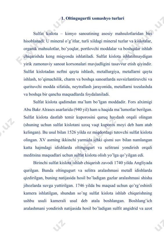 ulfit angidrid va azot oksidlari kamera tubiga quyilgan suvda yutilishi natijasida sulfat kislota hosil qiladi. kameradagi gaz qoldiqlari yo’qotilgandan so’ng unda navbatdagi aralashma yondiriladi va shu yo’l bilan kerakli konsentratsiyadagi kislota olinadi. keyinchalik kamerada suv bug’i ishlatishni va jarayonni uzluksiz amalga oshirishni taklif etildi. xix asr boshlarida oltingugurtni alohida pechlarda yondirish, azot oksidlarini esa selitrani sulfat kislota bilan parchalash orqali olish yo’lga qo’yildi. sulfat kislota ishlab chiqarish usuli yildan-yilga takomillashib bordi, buning natijasida mahsulot tannarxi kamaytirildi, ayniqsa 1837 yildan boshlang’ich xomashyo sifatida oltingugurt o’rniga oltingugurt kolchedani ishlatila boshlandi. qo’rg’oshinli kameralar o’rniga to’ldirgichli minoralarning ishlatilishi va azot oksidlari qo’llash orqali sulfat kislota ishlab chiqarish jarayonini amalga oshirish ishlab chiqarish samaradorligini bir necha marta oshirishni ta’minladi. bu usul sulfat kislota ishlab chiqarishning minorali usuli deb ataldi. sulfat kislot ishlab chiqarishning kontaktli usuli 1831 yilda p.filips (angliya) tomonidan sulfit angidridni to’g’ridan-to’g’ri kislorod bilan qizdirilgan platinali katalizatorlar ustidan o’tkazish orqali oksidlash usuli taklif etilgandan …