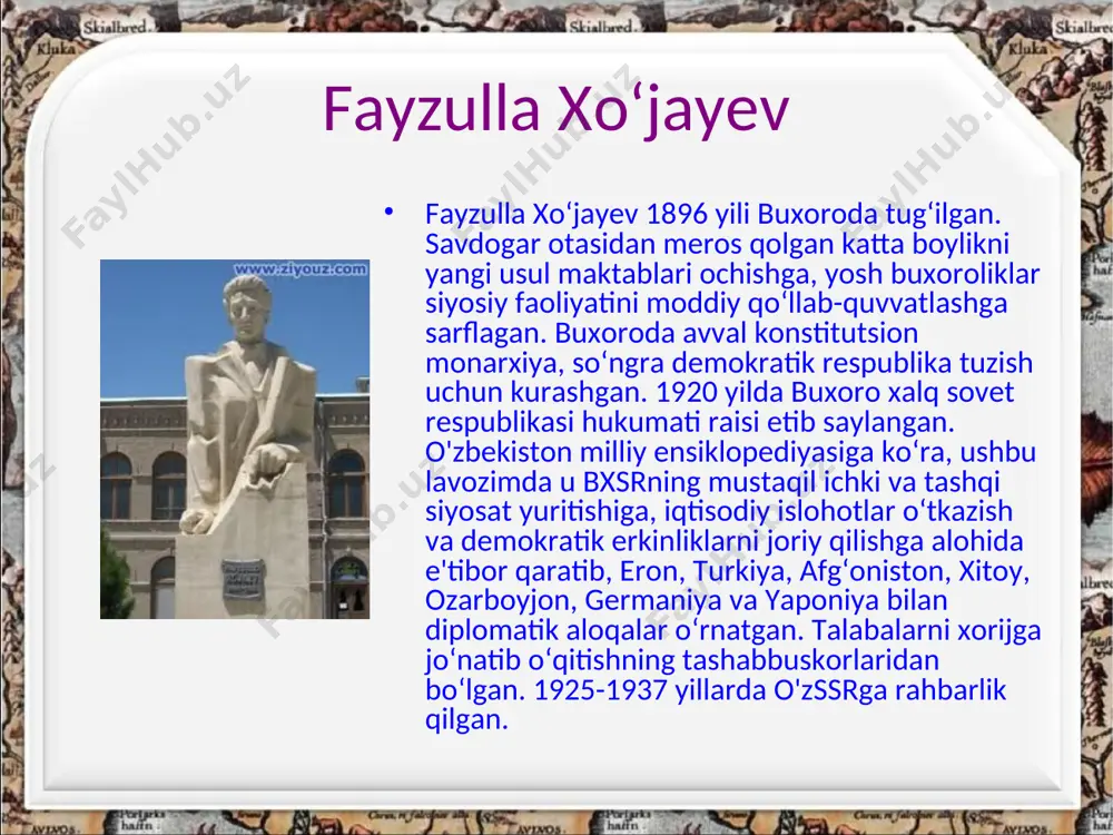 osiy kuchlarni o‘zida ifoda etmadi. u o‘rta osiyoni butunlay zabt etish va uni boshleviklar to‘liq rahbar bo‘lgan yangi davlat tarkibiga qo‘shib olish uchun bolsheviklarning kurash vositasiga aylandi. fayzulla xo‘jaev rahbarlik qilgan yoshbuxoroliklarning birgalikdagi sa`y-harakatlari bilan buxoroda to‘ntarish tayyorladilar va amir armiyasini parokandalash bo‘yicha faol ishlar olib borishdi hamda mahalliy aholi orasida tashviqot ishlari yurgizishdi. “tong” jurnali va “qutulish” gazetasini nashr eta boshladilar. fayzulla xo’jaev tarixchi fayzulla xo’jaev tarixchi, sharkshunos olim sifatida 20 dan ortik monografik asarlar, kator risolalar va ilmiynazariy makolalarning muallifidir uning «buxoro va xorazm inkilobining o’n yilligiga oid», «buxoro inkilobining tarixiga oid», «urta: osiyodagi inkilobiy harakat ocherklari», «jadidchilik», «qurilishimizning muqim vazifalari», «urtaosiyo milliy chegaralari hakida», «tuzumimizning` muxim vazifalari hakida», «uzbekistan xalk. xo’jaligi» kabi asarlari, urta osiyo, jumladan uzbekistonning tarixiga va madaniyatiga oid yuzlab maqolalari ijtimoiy fanlarimiz tarakkiyoti uchun muxim ahamiyatga egadir. bu asarlarda va makolalarda o’sha: davrning eng muhim vazifalari bilan bog`liq bo’lgan zarur masalalar ilmiynazariy jixatdan taxlil …