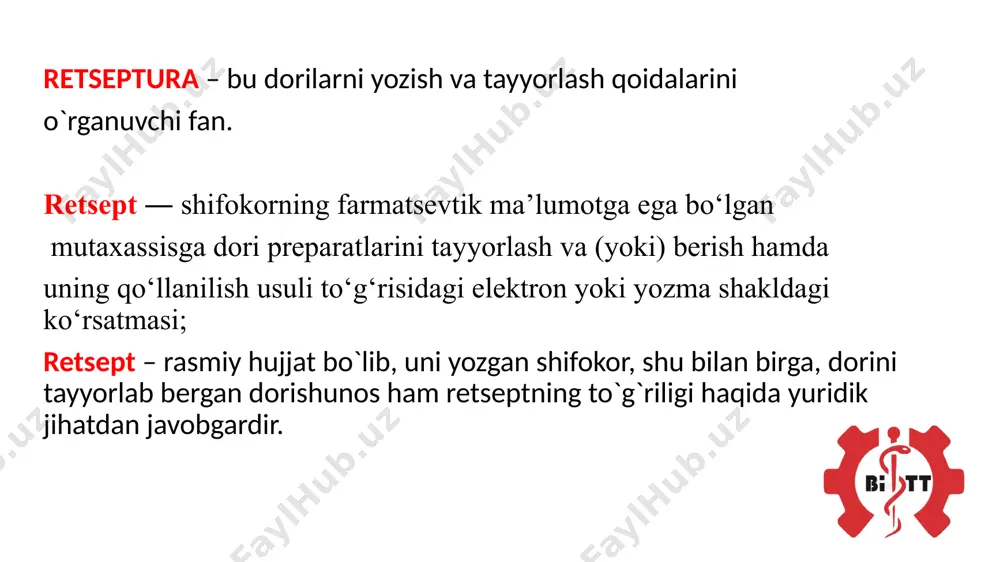 digan dori shakllari – formae medicamentorum pro injectionibus  suyuq ekstrakt – extractum fluidum  quyuq ekstrakt – extractum spissum  quruq ekstrakt – extractum siccum  emulsiya – emulsum  shilimshiq - mucilago  suspenziya – suspensio suyuq dori shakllari yumshoq dori shakllari yumshoq dori shakllariga quyidagilar kiradi: surtmalar, pastalar, kremlar, gellar, liniment-lar, shamchalar, plastirlar. surtma bosh kelishik birlik sonda - unguentum, qaratqich kelishik birlik sonda - unguenti. surtma – dozalanmagan yumshoq dori shakli boʻlib, asosan tana sirtiga surtish uchun ishlatiladi. yuqori darajada surtilish xususiyatiga ega boʻlgan gomogen massa, teri yoki shilliq qavatlar yuzasida tekis, sidirilib ketmaydigan parda hosil qiladi. surtmalar murakkab dori shakli hisoblanadi, kamida 2 ta tarkibiy qism: shakl beruvchi (surtma asoslari - constituens) hamda bir yoki bir necha ta‘sir koʻrsatuvchi moddalardan (basis) iborat boʻladi. shuningdek, stabilizatorlar, sirt-faol moddalar, konservantlar va boshqa yordamchi moddalar saqlashi mumkin. qattiq dori shakllari qattiq dori shakllariga quyidagilar kiradi: tabletkalar, drajelar, kukunlar, …