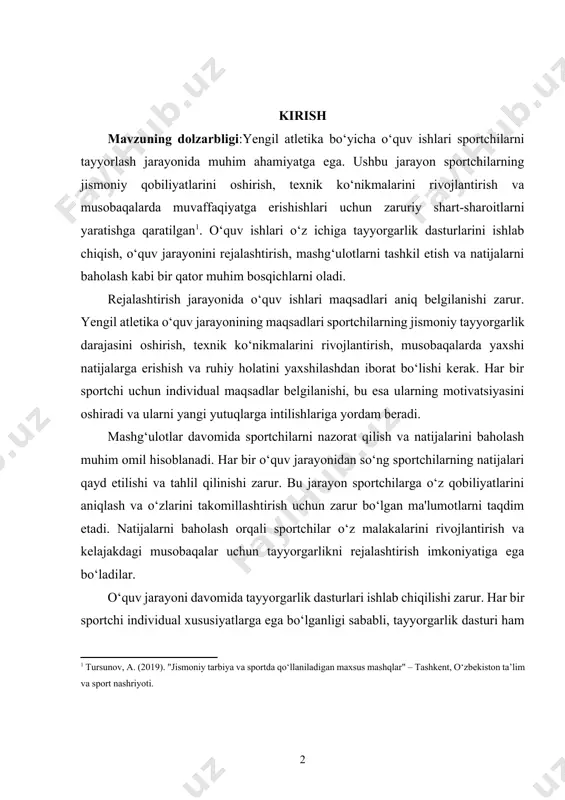 qobiliyatlarini aniqlash va o‘zlarini takomillashtirish uchun zarur bo‘lgan ma'lumotlarni taqdim etadi. natijalarni baholash orqali sportchilar o‘z malakalarini rivojlantirish va kelajakdagi musobaqalar uchun tayyorgarlikni rejalashtirish imkoniyatiga ega bo‘ladilar. o‘quv jarayoni davomida tayyorgarlik dasturlari ishlab chiqilishi zarur. har bir sportchi individual xususiyatlarga ega bo‘lganligi sababli, tayyorgarlik dasturi ham shaxsiy ehtiyojlarga mos kelishi kerak. dastur sportchining yoshiga, malaka darajasiga va jismoniy holatiga qarab tuziladi. tayyorlash dasturida jismoniy mashqlar, texnik amaliyotlar, taktika va strategiya, shuningdek, psixologik tayyorgarlik elementlari o‘z ichiga olinadi. o‘quv jarayonining samarali tashkil etilishi uchun trenerlarning roli ham juda muhimdir. trenerlar sportchilarga to‘g‘ri texnikalarni o‘rgatish, tayyorgarlik jarayonini rejalashtirish va natijalarni baholashda yordam berishlari zarur. ular sportchilarni rag‘batlantirish, motivatsiya berish va ularning o‘sishiga hissa qo‘shish vazifasini bajaradilar. trenerlar sportchilarning individual ehtiyojlarini hisobga olib, ularga mos keladigan tayyorgarlik dasturlarini ishlab chiqishlari kerak. yengil atletika o‘quv ishlari jarayonida xavfsizlikni ta'minlash ham muhim ahamiyatga ega. sportchilar o‘zlarini himoya qilish va jarohatlardan saqlanish uchun zarur choralarni ko‘rishlari …