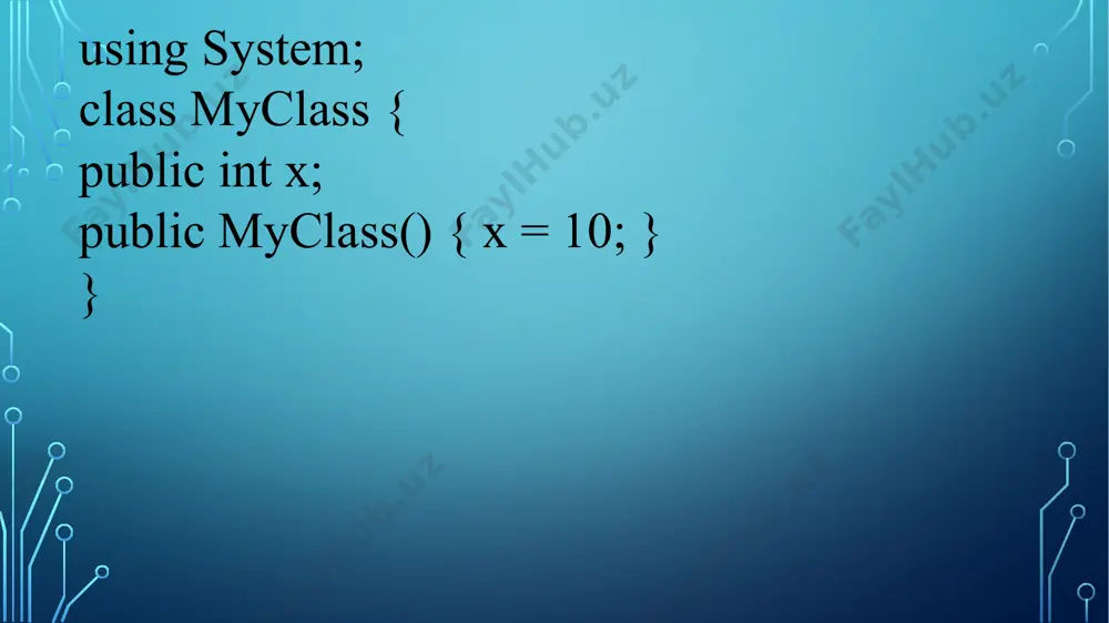 t=new xizmatchi("sobirov i.i."); string s = xizmat.getnom(); console.writeline("nom maydoni = {0}", s); console.write("davom etish uchun ni bosing"); // nom maydoni qiymatini o'zgartirish: if (xizmat.setnom("odilov i.b.") == 0) xizmat.setnom("odilov i."); s = xizmat.getnom(); console.writeline("nom maydoni= {0}", s); console.write("davom etish uchun ni bosing"); console.readkey(true); } } } xossa – bu ruxsat etilgan maydon metodini taqdim etishni sintaktik jihatdan soddalashtiradi. bu metodlar muhitda foydalanganda get (maydon qiymatini oladi) va set (maydon qiymatini o’rnatadi) deb nomlanadi. get() metodi maydon qiymatini qaytaradi, set() metodi esa maydon qiymatini value o’zgaruvchisi o’zlashtiradi, asosiy dasturda set() metodi qo’llaniladi. bu yerda value tipi har doim xossa tipi bilan mos keladi. public float maosh { get { return xizmatmaosh; } set { xizmatmaosh = value; } } class product{ // avtomatik xossa public string name { get; set; } private double price; // xossa orqali inkapsulyatsiya public double price { get { return price; } set { if (value >= …