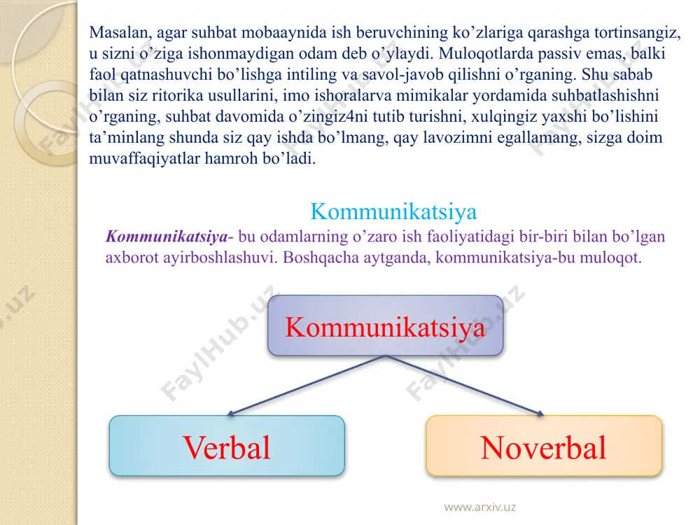 hissiy, mulohazali yoki mantiqiy sohalarini qamrab oladi. shuning uchun ritorika nafaqat tadbirkorlik maqsadlarining shakllanishida, balki odamlarning qarashlari,fikrlari, jamoalarning va jamiyat qarashlarning qaror topishida ishtirok etadi. www.arxiv.uz ritorikani o’rganish quyidagi amaliy masalalarni yechishga yordam beradi: -umumiy va ishbilarmonlar orasidagi muloqot madaniyatini; -sizni qiziqtirayotgan shaxslar, tashkilotlar va tuzilmalar bilan ishbilarmonlik munosabatlarini o’rnatish; -muzokaralarga tayyorgarlik ko’rish va ularni muvaffiqaytli tarzda o’tkazish; -firmaning samarali tijorat kompaniyasini tashkil etish; -jamoada ijodiy muhitni yaratish; -korxonada qulay psixologik muhitni yaratish; -so’zlashuv usullari orqali boshqaruvni takomillashtirish. www.arxiv.uz amaliy vazifalar: 1.vaziyatni o’rganib chiqing: boshlig’ingizga korxonangiz (restoran, mehmonxona) interyerini yangilash foydali ekanligini isbotlab berishingiz kerak. siz qanday asosli fikrlardan foydalanasiz? ularni qay tartibda izhor etasiz? 2.o’yin tarzidagi vaziyat. ikkita kishi bo’lib bo’lishishingiz kerak. biringiz- boshliq, biringiz qo’l ostidagi xodim. qo’l ostidagi xodim o’z boshlig’iga firmani muayyan to’nalishi bo’yicha rivojlantirish haqidagi fikrlarni isbotlashi kerak. so’ngra rollar bilan almashing. 3. amaliy topshiriq. haridor sizdan firmangiz tovari haqida gapirib berishingizni so’radi. siz nimadan …