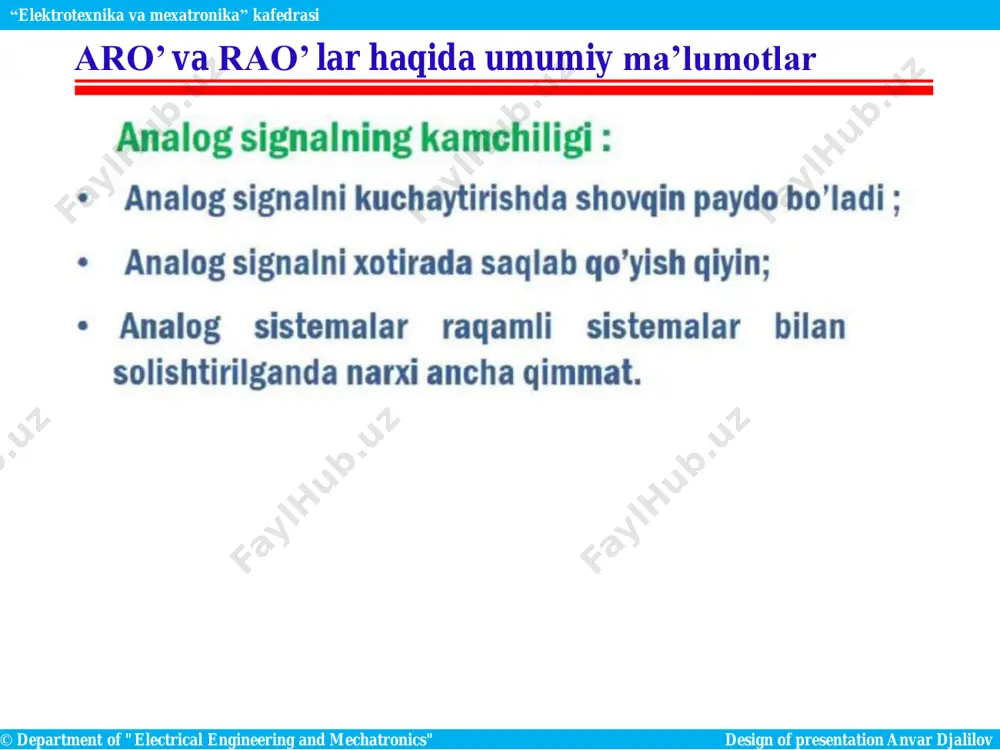 o’ va rao’ larning asosiy xarakteristikalari © department of "electrical engineering and mechatronics" design of presentation anvar djalilov “elektrotexnika va mexatronika” kafedrasi aro’ va rao’ larning asosiy xarakteristikalari © department of "electrical engineering and mechatronics" design of presentation anvar djalilov “elektrotexnika va mexatronika” kafedrasi 1. clayton r.paul. fundamentals of elecrtic circuit analysis. john wiley & sons. inc., new york, 2001. – 519 pages. 2. the mechatronics hand book // editor-in-chief robert h. bishop - the university of texas at austin, texas. © crc press llc, 2002.-1229 p. 3. duncan glover, mulukulta sarma, thomes overbye. power system. analysis and design fifht edition, iee press, power system engineering series, ny 2011. 4. karimov a.s. elektrotexnika va elektronika asoslari. - t.: o'qituvchi, 1995. – 464 b. 5. amirov s.f., yakubov m.s. va jabborov n.g. elektr o’lchashlar. – t.:, 2007. – 224 b. 6. a.i. grabchenko, v.b. klepikov, v.l. dobroskok i dr. vvedenie v …