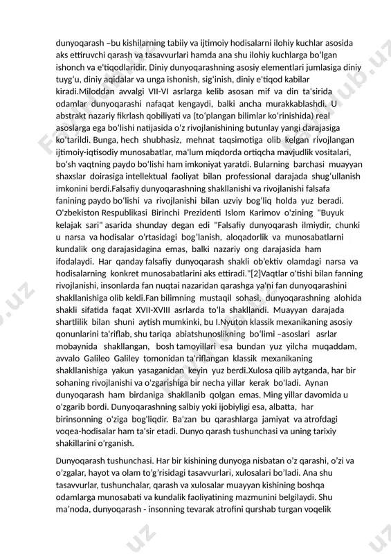shi mavjud bular: mifologik dunyoqarash, diniy dunyoqarash va falsafiy dunyoqrashdir.mifologiya ya'ni afsonaviy dunyoqarash –kishilik jamiyati taraqqiyotining ilk bosqichida paydo bo‘lgan bo‘lib, u tabiat kuchlari va hodisalarini hissiy qiyofalar va alohida vujudlar shaklida jonlantirib tasvirlovchi, kishilarning hayolotiga asoslanuvchi qarashlar va tasavvurlardir. «mif» tushunchasi yunoncha "mythos" so‘zidan kelib chiqqan bo‘lib, afsona, rivoyat degan ma'noni anglatadi. mif –bu turli xalqlarning dunyoning kelib chiqishi, tabiat hodisalari, fantastik mavjudotlar, xudolar va qahramonlarning ishlari haqidagi tasavvurini ifodalovchi muayyan tarzda tizimga solingan dunyoqarashdir.mifologik dunyoqarash dunyoni yaxlit tushunish bo‘lib, unda shubhaga o‘rin yo‘qdir. mifologiya qadimgi odamlar dunyoqarashi bilangina uzviy bog‘liq emas. oddiy ongdayashaydigan din, falsafa, siyosat, san'atda aniq-ravshan yoki pardalangan ko‘rinishda mavjud bo‘lgan miflar bugungi kunda ham (kim uchundir ko‘proq, kim uchundir kamroq darajada) odamlar hayoti va ijodida faol rol o‘ynab, har qanday inson dunyoqarashining tarkibiy qismi bo‘lib qolmoqda. jamiyatning axborotlashuvi jadal sur'atlarda o‘sib borayotgan sharoitda mif televideniya, radio, vaqtli matbuot, hozirgi saylov texnologiyalari vositasida ba'zan ijtimoiy ong …