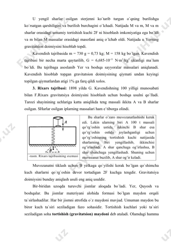 urinma bo`lgan chiziq kuch chizigi deyiladi. biror moddiy nuqtaning gravitatsion maydonini kuch chiziqlari shu nuqta tomon radial to`g`ri chiziq bo`ladi. kuchlanganlik g vektori radius bo`ylab maydon markazi tomon yo`nalgan maydon markaziy maydon deyiladi. agar maydon bir necha jismlar tomonidan yuzaga keltirilgan bo`lsa superpozitsiya printsipi o`rinli bo`lishi kerak. tortishish maydonining yana bir xarakteristikasi potentsialdir: buni tushunish uchun gravitatsion maydonda jismni ko`chirishda bajarilgan ishni topish kerak. aytaylik m moddiy nuqta qo`zgalmas m jismdan ularni birlashtiruvchi to`g`ri chiziq bo`ylab uzoqlashayotgan yoki yaqinlashayotgan bo`lsin. u holda juda kichik dr ko`chishda tortishish maydonining bajargan ishi markaziy kuch tomonidan bajarilib bu kuch radial yo`nalishga ega. shuning uchun bundan ko`rinadiki, tortishish kuchlari konservativ kuchlar bo`lib, jismni tortishish kuchi maydonida ko`chirishda bajarilgan ish jismning potentsial energiyasini kamayishiga teng bo`lar ekan. deb belgilanadi. demak, yerning tortish maydonida jismni ko`chirishda bajarilgan ish yo`lning uzunligiga va shakliga bog`liq bo`lmay balki yer bilan jismni bir biriga nisbatan egallangan holatiga bog`liq ya`ni potentsial …