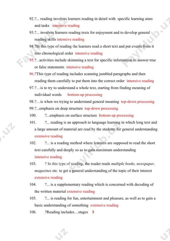 rs are supposed to read the short text carefully and deeply so as to gain maximum understanding intensive reading 103. ? in this type of reading, the reader reads multiple books, newspaper, magazines etc. to get a general understanding of the topic of their interest extensive reading 104. ?... is a supplementary reading which is concerned with decoding of the written material extensive reading 105. ?... is reading for fun, entertainment and pleasure, as well as to gain a basic understanding of something extensive reading 106. ?reading includes…stages 3 107. ?in the… stage students are motivated and relation is set between their real lives and the topic of the reading text pre reading 108. ?in the…stage students improve their reading sub-skills by this phase 109. ?in the…, reading is integrated with other language skills 110. ?a speech structure that shows the audience how different strands of thinking came together to …