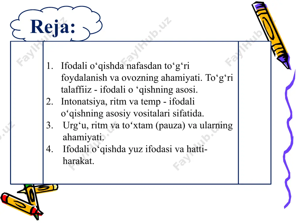 aratilgan nutqi (ichki va tashqi monolog) dialog – o’qituvchi va o’quvchi o’rtasida tashkil etiladigan suhbat polilog – o’qituvchi va bir nechta o’quvchi yoki o’quvchilar jamoasi o’rtasidagi suhbatni ifodalovchi nutq o’qituvchi nutqining asosiy shakllari nafas. nutq jarayonida so‘zlar orasidagi nafas rostlashlar havoning yangi zahirasini olish va kuchsizlanib borayotgan nafasni tiklash zarurati bilan paydo bo‘ladi. nafas ifodali o‘qishning muhim vositalaridan biri bo‘lib, u ovoz va nutqni tinglovchiga yetkazishda asosiy o‘rin tutadi. to‘g ‘ri nafas olish inson hayoti uchun ham, ifodali o‘qish uchun ham juda katta ahamiyat kasb etadi. nutq jarayonida nafas olish me’yori buzilib, o‘rinsiz pauzalar qilinsa, o‘qilayotgan matn mazmuni mantiqan o‘zgarib, muallif maqsadi tinglovchiga tushunarsiz bo‘lib qoladi. o‘quvchi nutqida kuzatiladigan kamchiliklardan biri fonatsiya jarayonida, ya’ni nutq hosil bo‘lish paytida nafas olishdagi tartibsizliklar bilan bog’liq. fonatsiya jarayonida nafas olish va nafas chiqarish fazalari shunday yo‘lga qo‘yilishi kerakki, nafas olish zo‘riqishsiz, bir qadar jadalroq, nafas chiqarish esa tekis, bir me’yorda va davomliroq kechishi …
