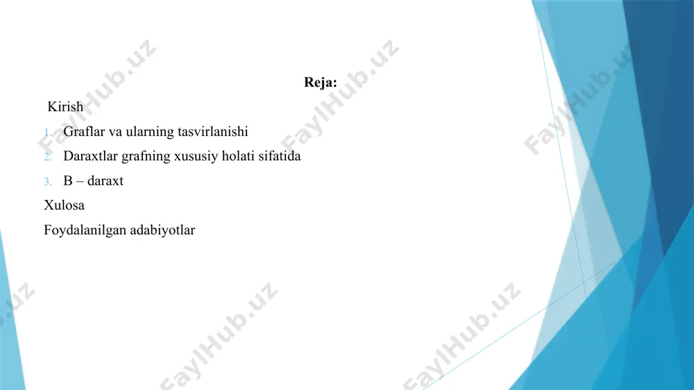 ari orasidagi bog'lanishlardan tashkil topadi (ulanishlar). graf mavzusi juda keng. graflar diskret matematikaning o'rganish mavzusidir (bu yerda graf tushunchasining aniqroq ta'rifi berilgan). graf murakkab tuzilgan ma'lumotni tavsiflash uchun ishlatiladi va shuning uchun katta amaliy ahamiyatga ega. matematikada graflar paydo bo'lishiga eyler asarlari yordam berdi. graflar bilan qayerda uchrashamiz? ehtimol, ular bilan qayerda uchrashmasligimizni aytish osonroq. ya’ni biz graflarda juda ko’p holatda uchratamiz. misol qilib quyidagilarni keltirishimiz mumkin: lokal yoki global tarmoq modeli algoritmlarning blok-sxemasi elektr sxemalar oila daraxti (shajara) metro xaritasi ma'lumotlar bazasi modeli aqlli xaritalar va boshqa ko'plab narsalar. ushbu darsda butun graflar nazariyasini olish mumkin emas. shuning uchun qisqacha ma’lumotlarni keltirib o’tamiz. g graf - g: = (v, e) tartiblangan juftlik, bu yerda v - uchlarning (yoki tugunlarning) bo'sh bo'lmagan to'plami, e esa qirralar deb nomlangan uchlarning juftlari to'plamidir. grafning uchlari va qirralari (ular graf elementlari deb ataladi), grafdagi uchlar soni | v | - graf tartibi, qirralarning …