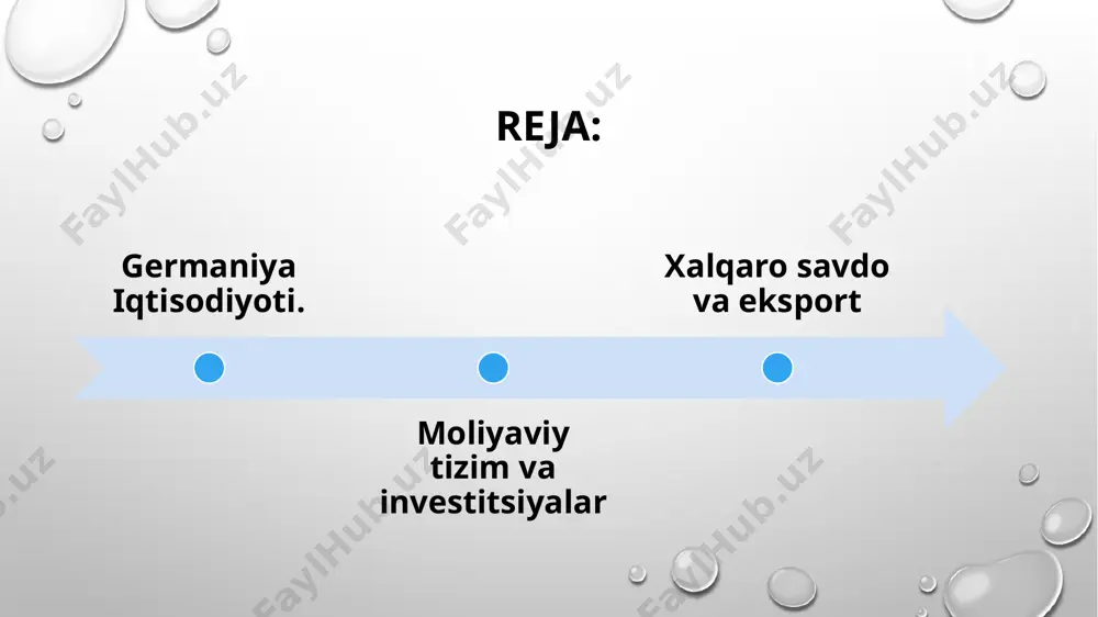 unyoning iqtisodiyoti yuqori darajada rivojlangan davlatlardan biri. yalpi ichki mahsulotning 71% xizmat koʻrsatish sohasiga toʻgʻri keladi, qolgan 29% esa sanoat va qurilishga toʻgʻri keladi. xizmat koʻrsatish sohasi gfr iqtisodiyotining asosini tashkil qiladi. hozirgi paytda telekommunikatsiya va axborot tarmoqlari jadal rivojlanib bormoqda. gfrning bank-moliya sektori yevropa ittifoqidagi eng qudratli sektordir. dunyoning eng yirik 50 bankidan 8 tasi germaniyaga qarashli. ittki tizimiga germaniyaning yimlarining 2,5% sarflanadi. xizmat koʻrsatish sohasida ijtimoiy xizmatlarga alohida joy ajratilgan. ijtimoiy ehtiyojlarga ajratiladigan asosiy mablagʻlar nafaqaxoʻrlar pensiyasi (xarajatning 1/3 qismi) va ishsizlik boʻyicha nafaqalarga sarflanadi. germaniya aholini tibbiy yordam muassasalari bilan taʼminlash boʻyicha dunyoda yetakchi oʻrinni egallagan. shuningdek, mamlakatda turizm yaxshi rivojlangan. germaniyada tosh, qoʻngʻir koʻmir (dunyoda 1-oʻrin) va kaliy tuzlari qazib olinadi. olingan tabiiy gaz mamlakat ehtiyojining faqat 1/3 qismini qoplaydi. germaniyada elektr quvvatini asosan aes (30%) va ies (63%) ishlab chiqaradi. mamlakatda mashinasozlik sanoati yetakchi oʻrinni egallaydi, u sanoatning 1/2 va eksport mahsulotlarining 1/2 qismini tashkil …