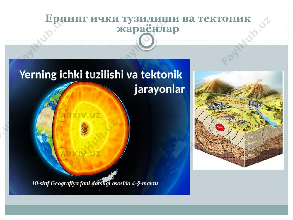 лар қарама қарши томонга моноклинал ётган бўлади. бурма ядроси ер юзасида, одатда, ювилган ҳолда учрайди. қатламларнинг букланиш чизиғи бўйича бурмани иккига бўлувчи ҳаёлий текислик бурманинг ўқ текислиги деб юритилади (2-расм). бурма ўқ текислиги муҳим элементлардан бири бўлиб, унинг фазода тутган вазиятига қараб бурмаларнинг морфологик турлари ажратилади. бурма ўқ текислиги билан рельеф юзасининг кесишишидан ҳосил бўлган чизиқ бурманинг ўқ чизиғи дейилади. бурма ўқ текислиги билан бурмада қатнашаётган қатламлардан бирининг юзаси кесишишидан ҳосил бўлган чизиқ бурма шарнири дейилади (3-расм). 3-расм. бурмаларнинг шарнири ва қанотлари. 2-расм. бурманинг ўқ текислиги. қатламларнинг букланиш ҳолатига қараб бурма шарни-ри горизонтал, қия, эгри ва тўлқинсимон бўлиши мумкин. бур-ма шарнири ёрдамида унинг фазода тутган вазияти аниқланади. бурма шарнирининг бўйлама йўналишда бир неча бор шўнғи-ши ва кўтарилишидан бурма ундуляцияси ҳосил бўлади. бурма шарнири билан унинг горизонтал текисликка ўтказилган проекцияси орасидаги бурчак бурманинг шўнғиш ёки кўтарилиш бурчаги дейилади. ҳар қандай бурма ўз ўлчамларига эга. уларнинг эни, бўйи ва баландлиги бўлади (4-расм). …