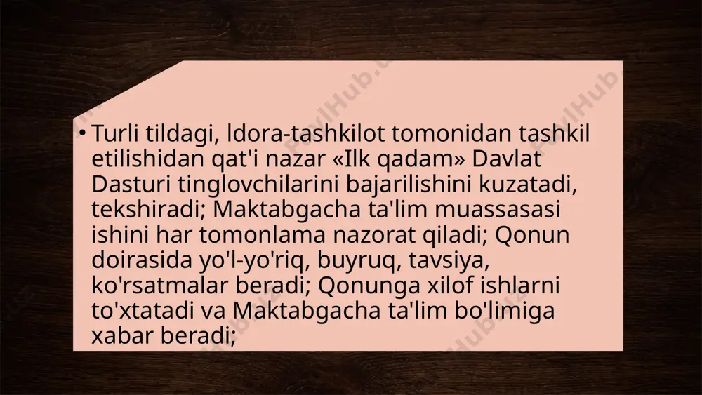 tlash qoidalari, bir qancha maktabgacha ta'lim muassasasini nazoratga olish, ota-onalar tomonidan qarzlarning bajarilishini, pedagog xodimlarning ishlash, malakalarini oshirish ishlari va boshqa ishlar rejalashtiriladi. tuman kengashida ko'riladigan masalalar: frontal-yalpi tekshirish - yalpi tekshirish. tematik nazorat - tanlangan mavzu bo'yicha. yozgi sog'lomlashtirish ishlari. yangi o'quv yiliga tayyorgarlik. e’tiboringiz uchun raxmat image2.jpeg image3.jpeg image4.jpeg image1.jpg /docprops/thumbnail.jpeg