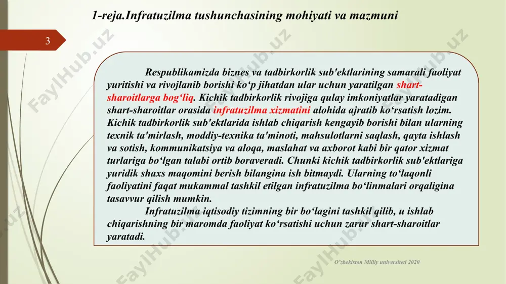 ladi. institutsional infratuzilma iqtisodiyot rivojlanishining optimal makroiqtisodiy nisbatlarini qo‘llab-quvvatlovchi va tartibga soluvchi sohalar faoliyat turlarini o‘z ichiga oladi. unga iqtisodiyotni tartibga solib turuvchi davlat va nodavlat boshqaruv organlari va boshqalar kiradi. o’zbekiston milliy universiteti 2020 8 kichik tadbirkorlik sub'ektlarini tartibga solib va qo‘llab-quvvatlovchi bozor infratuzilmalarini shakllantirish muhim ahamiyat kasb etadi. buni yuqori darajada rivojlangan mamlakatlar tajbribasi ham tasdiqlaydi. masalan, aqshda kichik va o‘rta biznes ishlari bo‘yicha administratsiya (kba) tashkil etilgan bo‘lib, uning zimmasiga kichik va o‘rta biznesni qo‘llab-quvvatlash bo‘yicha barcha vazifalar (moliyaviy yordam, texnik va maslahat xizmati, davlat buyurtmalarini olishga ko‘maklashish va boshqalar) yuklatilgan. kba tarkibi uch bosqichdan – aqsh poytaxtidagi shtab-kvartira, 10 ta hududiy boshqarma va 100 dan ortiq mahalliy bo‘linmadan iborat. ular butun mamlakat bo‘ylab keng tarqalgan tarmoqqa ega bo‘lib, mahalliy davlat hokimiyati organlari, kollejlar, universitetlar, korxonalar va jamoat tashkilotlari bilan yaqin aloqada faoliyat ko‘rsatadi. aqshda kichik va o‘rta biznesni qo‘llab-quvvatlash bilan boshqa idoralar, xususan, ichki ishlar vazirligi, …