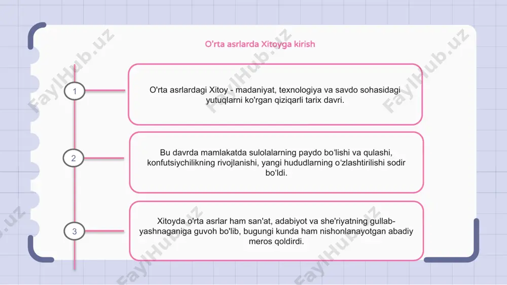 savdo xitoydagi ming sulolasi o'rta asrlarda kashfiyot va savdo faoliyati bilan mashhur edi. bu davrda janubi-sharqiy osiyo, hindiston va hatto afrikaga ekspeditsiyalarni boshqargan chjen xe kabi mashhur tadqiqotchilar paydo bo'ldi. ushbu tadqiqotlar nafaqat xitoyning ta'siri va savdo tarmoqlarini kengaytiribgina qolmay, balki g'oyalar, texnologiyalar va tovarlar almashinuviga ham imkon berdi. min sulolasi jahon iqtisodiyotining asosiy ishtirokchisiga aylandi va turli davlatlar bilan diplomatik aloqalar oʻrnatdi. min sulolasi davridagi qidiruv va savdo faoliyati xitoyning qudratli davlat sifatida o'sishi va rivojlanishiga hissa qo'shgan muhim madaniy, iqtisodiy va texnologik almashinuvlarni keltirib chiqardi. imperator vu zetyan: xitoyning yagona ayol imperatori imperator vu zetyan o'rta asrlarda xitoyning yagona ayol imperatori edi. u kuchli yetakchilik va siyosiy qobiliyatlari bilan tanilgan edi. uning hukmronligi davrida xitoy barqarorlik va iqtisodiy o'sish davrini boshdan kechirdi. 1 2 3 buyuk xitoy devori: bosqinchilarga qarshi mudofaa buyuk xitoy devori o'rta asrlarda mamlakatni bosqinchilardan himoya qilish uchun qurilgan. u xitoyning shimoliy chegarasi bo'ylab minglab …