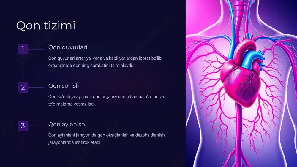 adi. qon plastinkasi qon plastinkasi qon ivishi va qon to'xtashini ta'minlaydi. 6 qon ivishi jarayoni zararlanish qon tomir devorlari shikastlanganda qon plazmasidan fibrinogen ajraladi. fibrin hosil bo'lishi fibrinogen fibrinaga aylanib, fibrin tolalaridan iborat fibrin ivishi hosil qiladi. qon to'xtashi fibrin ivishi yaradan qon oqishini to'xtatadi va yara bitishiga yordam beradi. 7 qon zardob va plazma to'planishi qon zardob qon ivish omillari va boshqa moddalarni o'z ichiga oladi. qon plazma qon hujayrasiz qon suyuqligi bo'lib, moddalar almashinuvida ishtirok etadi. 8 qon analizlari va diagnostik ahamiyati 1 qon tahlili qon tahlili orqali yuzaga kelayotgan patologik jarayonlar aniqlashtiriladi. 2 qon guruhini aniqlash qon guruhini aniqlash muhim ahamiyatga ega, ayniqsa qon quyish jarayonida. 3 qon kimyoviy tarkibi qon kimyoviy tarkibidagi o'zgarishlar kasalliklarni aniqlab beradi. 9 qon va uning klinik ahamiyati diagnostik ahamiyati qon tahlili ko'plab kasalliklarni aniqlash va davolashda muhim rol o'ynaydi. davolash ahamiyati qon quyish, plazma yoki qon prepratlaridan foydalanish orqali kasalliklarni davolash …