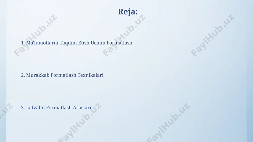 nishida taqdim etish imkonini beradi. himoya va parol qo'yish spreadsheetni himoya qilishda, parol qo'yish bilan bir qatorda, "only view" rejimini faollashtirish orqali ma'lumotlarni tahrirlash imkoniyatini cheklash mumkin. bu 2-darajali himoya hisoblanadi. himoya qilish uchun faylga 128 bitlik aes shifrlash algoritmini qoʻllash mumkin, bu esa ma’lumotlarning ruxsatsiz kirishdan ishonchli himoyalanishini ta’minlaydi va parol murakkabligi kamida 8 ta belgidan iborat bo'lishi kerak. jadvalni formatlash asoslari shrift o'lchamini (masalan, 10 dan 14 gacha), turini (arial, times new roman va boshqalar) va rangini o'zgartirish orqali jadvaldagi ma'lumotlarning o'qilishi va ko'rinishini sezilarli darajada yaxshilash mumkin. hujayralarning chegaralarini sozlash (qat'iy chiziq, nuqta chiziq, ikki chiziq va hokazo) va ularning rangini o'zgartirish orqali jadvalning tuzilishi va tashqi ko'rinishini aniq va estetik qilib yaratishingiz mumkin. shriftlar va ularning o'lchamlari arial, times new roman va calibri kabi turli shriftlarning har xil o'lchamlarda (masalan, 10, 12 va 14 punkt) ko'rinishini taqqoslash, hujjat dizayni uchun eng mos shrift va o'lchamini tanlashga …