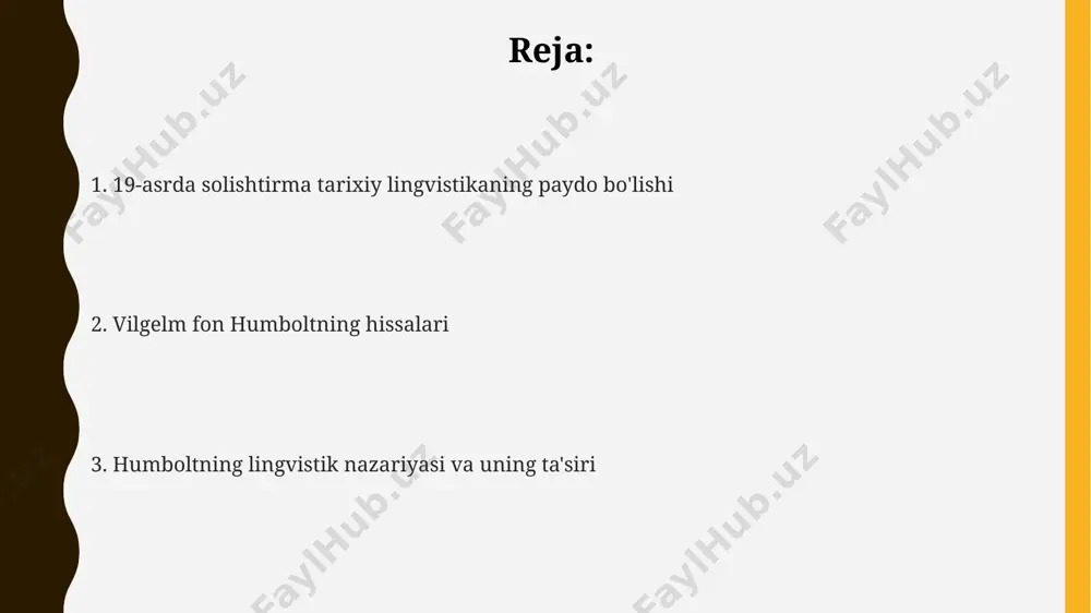 va tipologik tadqiqotlarda 30 dan ortiq tilshunoslik maktablari va universitetlarida faol o'rganilmoqda. humboldtning "universal grammatika" konsepsiyasi 19-asrda paydo bo'lgan va 100 yildan ortiq davom etgan strukturaviy tilshunoslikning rivojlanishiga, shuningdek, evropa va osiyo tillarining solishtirmali tahliliga asos bo'ldi. vilgelm fon humboltning hayoti va faoliyati гумбольдтнинг тил фалсафасига оид "универсал грамматика ва тил тузилишига доир тадкикотлари" китоби тилшуносликдаги муҳим 19-аср воқеаси бўлган. у ўз даврининг етакчи дипломатларидан бири бўлиб, россия, франция ва ақш каби 3 та давлатда муҳим дипломатик вазифаларни бажарган. вильгельм фон гумбольдт 1767 йилда берлинда туғилиб, 1835 йилда берлинда вафот этган, 19-аср тилшунослигига улкан хисса қўшган немис тилшуноси ва файласуфи бўлган. humboltning til nazariyasi va uning ahamiyati humboltning tilshunoslik nazariyasi 19-asrning boshlarida, germaniyada paydo boʻlib, tillarning oʻzaro munosabatlarini oʻrganishga yangi yondashuvni taklif qildi, bu esa keyinchalik 30 dan ortiq tillar oilasini aniqlashga yordam berdi. uning nazariyasi, 20 dan ortiq xalqlarning tillarini taqqoslash orqali, tilning madaniyat va fikrlash uslubi bilan chambarchas …