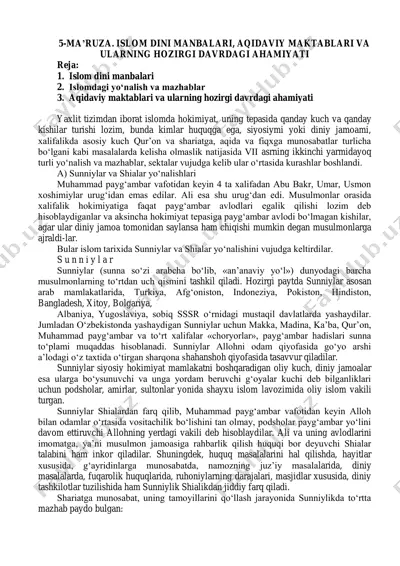 islom dini manbalari, aqidaviy maktablari va ularning hozirgi davrdagi ahamiyati — PDF