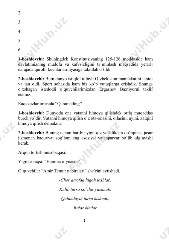 . qulundayin tursa kishnab, bular kimlar bu o`g`lonlar mardu maydon, sohibi davron amir temur nabiralari. 1-boshlovchi: aziz ustozlar tadbirimiz mehmonlari 2-boshlovchi: xurmatli ota-onalar va o`quvchilar mana shuning bilan tadbirimiz o`z nihoyasiga etdi. shu ozgina vaqt davomida sizlarga hush kayfiyat bag`ishlay olgan bo`lsak nihoyatda baxtiyormiz. 1-boshlovchi: mana shu “bizlar kichik askarlar” deb nomlanuvchi kechamizni tashkillashtirishda berdiqulova o, va qoraboyev z akalarga hamda maktab ma`muriyatiga chuqur minnatdorchiligimizni bildiramiz. izoh xulosa qilib aytganda vatanimiz qudrati yanada yuksalaversin, hayotimiz farovon bo’lsin, va biz o’quvchilarimiz, ya’ni bolajonlarimiz bilan birgalikda shunday deymiz: o’zbekiston bu dunyoda yagona deymiz, ko’zimizning qarog’iday xo’p ardoqlaymiz. 1