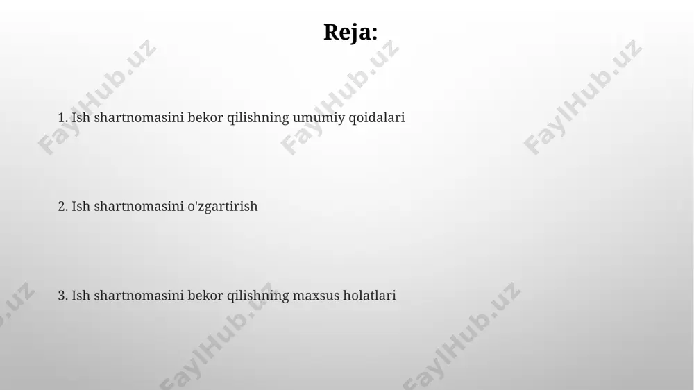 eruvchi tomonidan rasmiylashtiriladi va ishchi xodimlarga bekor qilish to'g'risida xabarnoma beriladi, unda bekor qilish sababi, sana va huquqiy asoslar (mehnat kodeksining moddalari) ko'rsatiladi. ogohlantirish muddati ish shartnomasini bekor qilish sababiga bog'liq bo'lib, 15 kundan 3 oygacha farq qilishi mumkin, mehnat kodeksining tegishli moddalariga muvofiq aniqlanadi va ishchi xodimlarga yozma ravishda etkazilishi shart. o'zgartirish kiritish tartibi o'zgartirishlar mehnat qonunchiligi talablariga, xususan, ish haqi, ish vaqti, dam olish kunlari va boshqa shartlarga rioya qilgan holda kiritiladi. masalan, ish staji 5 yildan oshgan xodimlarga qo'shimcha imtiyozlar berilishi mumkin. ish shartnomasiga o'zgartirish kiritish ikki tomonlama rozilik asosida, yozma shaklda amalga oshiriladi va 3 kun ichida tegishli hujjatlar bilan rasmiylashtiriladi. ish shartnomasidagi o'zgarishlarni rasmiylashtirish o'zgartirilgan shartnoma bandlariga qo'shimchalar yoki o'zgartirishlar kiritilganda, ularning har biri alohida raqamlanadi va tomonlarning imzolari bilan tasdiqlanadi. mehnat shartnomasiga kiritilgan o'zgarishlar, agar ular ish haqi miqdorini o'zgartirishni o'z ichiga olsa, 2 nusxada tuziladi va tomonlarga topshiriladi. ish shartnomasini o'zgartirishning umumiy asoslari …