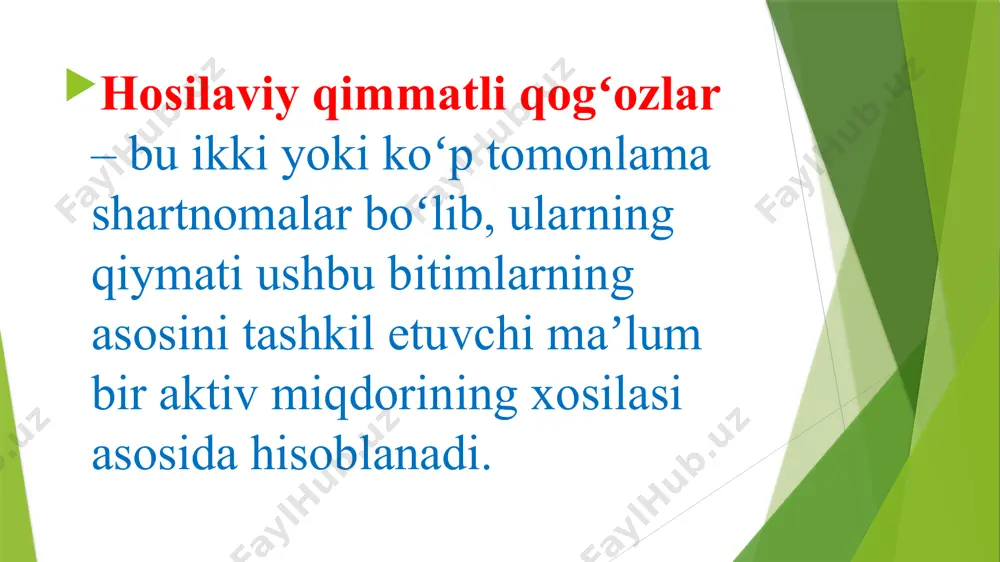 asoslangan hosilaviy qimmatli qogʻozlar va boshqalar). hosilaviy qimmatli qogʻozlar aylanuvchi bozorlarga muvofiq ularni quyidagi guruhlarga ajratishimiz mumkin: birja instrumentlari (barcha koʻrinishdagi fyucherslar, birjada muomalada boʻluvchi standartlashtirilgan opsionlar); birjadan tashqari instrumentlar (forvardlar, nobirjaviy opsionlar, svoplar). hosilaviy qimmatli qogʻozlar haqidagi dastlabki fikrlar xvi–xvii asrlarga borib taqaladi. hozirgi zamonaviy hosilaviy qimmatli qogʻozlarning oʻtmishdagi prototiplari boʻlib qishloq xoʻjaligi mahsulotlari boʻyicha tuzilgan shartnomalar hisoblanadi. xvii asr 30-yillarining oxirida gollandiya va angliyada lola oʻsimligini oʻstirish va bunda ularning piyozlariga boʻlgan talab juda keskin ortib ketadi. amsterdamda esa xvii asrning boshlaridayoq ular boʻyicha opsionlar savdosi amalga oshirilishi yoʻlga qoʻyilgan edi, 30-yillarga kelib esa angliyadagi qirollik birjasida forvard shartnomalari ham paydo boʻldi. forvard shartnomalari -bu birjadan tashqarida tuziluvchi, kelajakda bazis aktivni yetkazib berish haqidagi tomonlarning kelishuvidir. shartnoma shartlari bitimni tuzish paytida kelishib olinadi. shartnoma ana shu kelishib olingan shartlar boʻyicha belgilangan muddatlarda amalga oshiriladi. fyuchers shartnomalari -bu ikki tomon oʻrtasida bazis aktivni kelajakda yetkazib berish boʻyicha birjada tuzilgan …