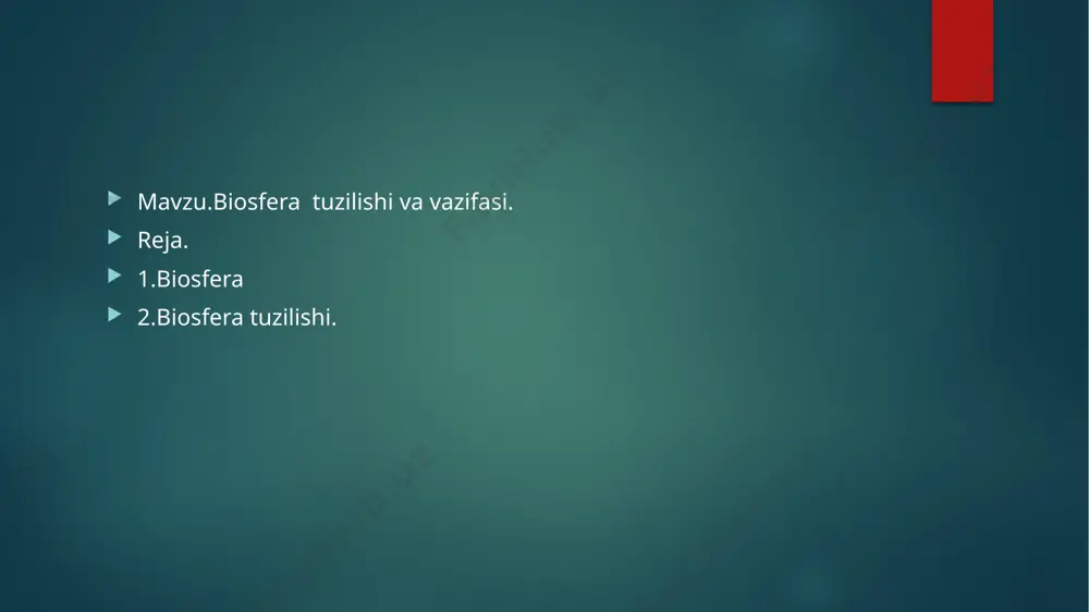 'ta chuqur burg'ulash ma'lumotlariga ko'ra, taxminan 6000 m). biroq, litosferada hayot asosan bir necha metr chuqurlikda, tuproq qatlami bilan chegaralangan. har qanday shakllanish singari, biosfera ham ma'lum xususiyatlar to'plamiga ega. biosfera to'g'ridan-to'g'ri va teskari (salbiy va ijobiy) aloqalarga ega bo'lgan tizimdir, bu oxir-oqibat uning ishlashi va barqarorligi mexanizmlarini ta'minlaydi. biosferaning markaziy bo'g'ini tirik organizmlardir (yoki biz yuqorida aytganimizdek, tirik materiya). bu xususiyat va uning biosferadagi roli v.i.vernadskiy tomonidan har tomonlama ochib berilgan, ammo, afsuski, u hozir ham inson tomonidan kam baholanadi: biosferaning markazida faqat bitta tur - insonning manfaatlari joylashtirilgan, bu esa oxir-oqibat unga salbiy ta'sir qiladi. . biosfera ochiq tizimdir... uning mavjudligini tashqaridan energiya oqimisiz tasavvur qilib bo'lmaydi. u kosmik kuchlarning, birinchi navbatda quyosh faolligining ta'siri ostida. quyosh faolligi ko'plab geologik jarayonlarga (kataklizmlar, falokatlar), soniga ta'sir qiladi ba'zi turlari yoki populyatsiyalar, shuningdek, insoniyat jamiyati yoki uning alohida etnik guruhlarining ijtimoiy faolligi. biosfera o'z-o'zini tartibga soluvchi tizimdir, bu gomeostaz holati …