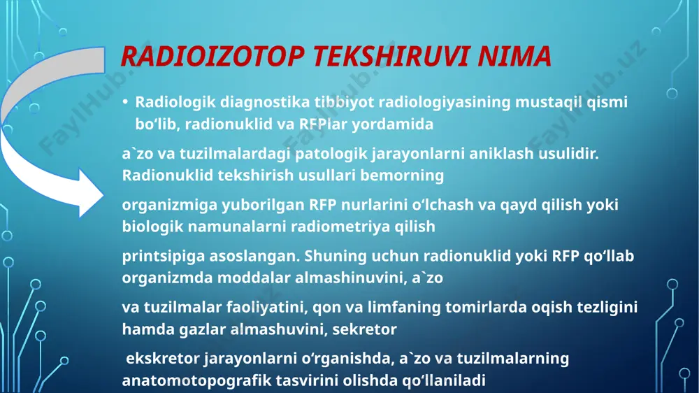 adiologik laboratoriyalariga molibden-99 generator sifatida qo‘rg‘oshinli kontenerlarda yuboriladi. texnetsiy-99m parchalanganda quvvati 140 mev bo‘lgan gamma nurlarni sochadi. yarim parchalanish davri 6,6 soat. tekshirishlarda bemorning nurlanish mikdori juda kam. kritik a`zolarga qalqonsimon bez, so‘lak hamda mye`da osti bezlari va boshqa a`zolar kiradi. radiologik laboratoriya sharoitida diagnostika uchun texnetsiy-99m ni ko‘p marta izotonik natriy xlorid eritmasida olish uchun generator molibden - 99m mo‘ljallangan. texnetsiy-99m bilan nishonlangan turli rfp ni maxsus reagent yig‘indilari yordamida tayyorlanadi. reagentlar texnetsiy-99m elyuati bilan bir necha minut aralashtiriladi, bunda rfp ishlatishga tayyor bo‘ladi. generatordan 2 hafta foydalanish mumkin ( radionuklid tekshirish usullari radionuklid va rfp ning qo‘llanishiga qarab (organizmga yuboriladimi yoki yo‘qmi) hamma tekshirish usullari 2 guruhga bo‘linadi. birinchi guruhga ayrim biologik namunalar (in vitro), ikkinchisiga - organizmga yuborib tekshirish (in vivo) kiradi. bu tekshirish usullari printsipial holatda har taraflama (ko‘rsatma, maqsad, texnik bajarilishi, olingan ma`lumotlar) farq qiladi. ko‘pincha kompleks usullar qo‘llaniladi. in vitro radioimmun tekshirishlar tibbiyotning quyidagi …