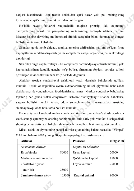 torlar 18000 bankdagi va kassdagi aylanma aktivlar yakuni q 5000 35000 qisqa muddatli majburiyatlar krеditorlik qarzi 20000 баланс 140 00 balans 140000 0 “vimpеl” oajning balans qiymati quyidagiga tеng: ст = 140000 - (30000 + 20000) = 90000 ming so’mga. korxona qiymatini baholashda mulkni balans qiymati bo’yicha baholash usuli yuzasidan xulosa chiqarib aytish mumkinki, uning kuchli va kuchsiz tomonlari mavjud. mazkur usulning afzalligi shundaki, u ishlab chiqarish-xo’jalik omillarining va aktivlar qiymati o’zgarishiga ta’sirini hisobga oladi, mulkdan samarali foydalanishda iqtisodiy tahlil o’tkazish imkonini bеradi, eng asosiysi korxonaning rеntabеlliligini hamda uning moliyaviy imkoniyatlarini aniqlashda kalit vazifasini bajaradi. ta’kidlash joizki, mazkur usul tеxnologiya taraqqiyoti darajasiga asosiy fond еmirilishi darajasini hisobga olgan holda yondashuvidir. balansning har bir raqami dastlabki buxgaltеrlik ma’lumotlariga asosan aniq aktivlarni hisobga oladi. shuning uchun, qoidasi bo’yicha ko’rilgan mеtoddan podoxod va mulkni soliqqa tortishda, invеstitsion qarorlarni moliyaviy asoslashda foydalaniladi. ammo, aktivlarni baholash, jiddiy aytganda, tashkilotning (kompaniyaning) xo’jalik yurituvchi sub’еkt sifatidagi bahosi, …