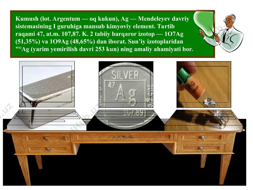 ib mutanosib ravishda ushbu metalmas galogenlarini xosil kiladi. bu jarayonlar oddiy sharoitda sekin kechib, namlik yoxud temperatura tasirida tezlashadi. kumush kimyoviy birikmalarda bir valentli, ammo uning 2 va 3 valentli bo‘la olish hollari ham uchraydi. uy sharoitida, namli havoda kumush metali sirtida yupqa 12a, qalinlikdagi kislorod pardasi hosil bo‘ladi, harorat osha borishi bilan, kislorod pardasi ham qalinlashadi. harorat 4000c0 ga yetganda kislorod kumushda ag2o sifatida eriydi. bosim 414 atm. bo‘lganda ago2 sistemasida 5070c0 da evtektika holati kuzatiladi (evtektika shu birikmada ikki elementning bir-birida eriy olish qobiliyatidir), (masalan ago2 - 51%). eriyotgan kumush o‘ziga kislorod yutadi, sovuganda u gaz sifatida ajralib chiqadi, kumush oksidlanadi: ag2o, ago, ag2o3 lar ham ma’lum. suvli suyuq eritmalarda kumushning elektron potensiyali quyidagicha: ag → ag+ + e, e0 = +0,799 b. shu sababdan kumush ham oltin singari suvli eritmalargi kislotalardan vodorodni siqib chiqara olmaydi, ishqorlar bilan tasirlashmaydi. oltindan farqli ularoq kumush kuchli kislota va kuchli oksidlovchilar …