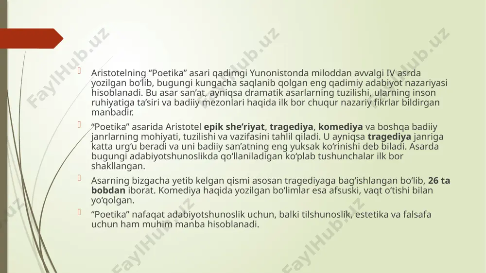 n’at nazariyasida muhim qo‘llanma bo‘lib kelmoqda. bu asar adabiyotga ilmiy yondashuvni birinchi bo‘lib olib kirgan, san’at asarlarini tahlil qilish uchun aniq mezonlar belgilagan. zamonaviy yozuvchilar, rejissyorlar va dramaturglar hanuzgacha: syujet qurilishi, obraz yaratish, konflikt va halokatli voqealar rivoji, katharsis – ruhiy tozalanish g‘oyalarini aristotel konsepsiyasiga tayangan holda ishlab chiqishadi. masalan: tragediya tuzilmasi deganda bugungi kunda ham voqealarning boshlanishi, cho‘qqisi va yakuni haqida aristotel bergan shaklga amal qilinadi. kino ssenariylarida ham tomoshabinga hissiy ta’sir qilish, uni o‘ylantirish yoki tozalash — aristotelning katharsis g‘oyasi asosida yaratiladi. “poetika” nafaqat antik davrni, balki renessansdan tortib xxi asrgacha bo‘lgan badiiy tafakkur rivojiga katta hissa qo‘shgan. shu bois, aristotelning bu asari abadiy nazariya sifatida baholanadi. etiboringiz uchun raxmat image1.jpeg image2.jpeg image3.jpeg image4.jpeg image5.jpeg image6.jpeg image7.jpeg /docprops/thumbnail.jpeg