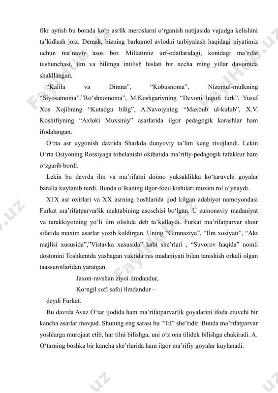 ktida rus madaniyati bilan tanishish orkali olgan taassurotlaridan yaratgan. jaxon-ravshan ziyoi ilmdandur, ko‘ngil sofi safoi ilmdandur – deydi furkat. bu davrda avaz o‘tar ijodida ham ma’rifatparvarlik goyalarini ifoda etuvchi bir kancha asarlar mavjud. shuning eng sarasi bu “til” she’ridir. bunda ma’rifatparvar yoshlarga murojaat etib, har tilni bilishga, uni o‘z ona tilidek bilishga chakiradi. a. o‘tarning boshka bir kancha she’rlarida ham ilgor ma’rifiy goyalar kuylanadi. o‘lkada ochilgan rus-tuzem maktablari, gimnaziyalari ta’sirida ta’lim-tarbiya ishlari ham ta’lim metodlarini kayta kurish ishlari avj oldi. natijada yerli xalk vakillarining yangi metodlarga suyangan usullari “jadid”, “usuli savtiya” nomidagi maktablar paydo bo‘la boshladi. dastlabki ma’lumotlarga karaganda, usuli jadid maktablari 1890 yillarda paydo bo‘la boshlagan. turkistonda yangi maktablarning karvonboshchisi m.bexbudiy edi. u jadid maktablari uchun ham nazariy, ham amaliy jixatlarda jonbozlik ko‘rsatdi. aslida jadid so‘zi arabchadan olingan bo‘lib, yangi degan ma’noni beradi. demak, usuli jadid ham, usuli savtiya ham yangi usul maktablari degan ma’noni beradi. usuli jadid o‘lka …