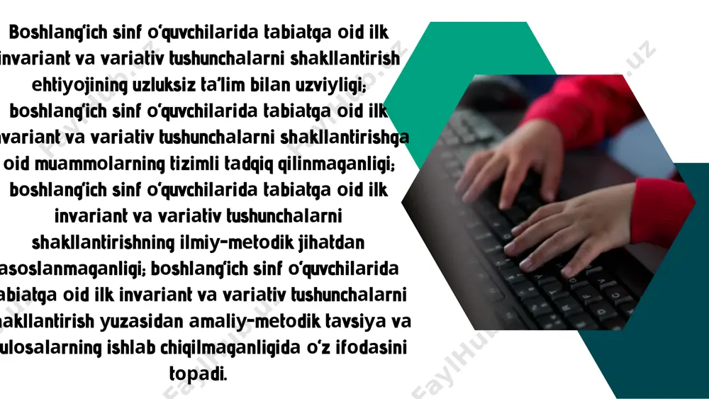iatga oid ilk invariant va variativ tushunchalarni shakllantirish metodikasi boshlang‘ich sinf tabiiu fanlar va tabiatshunoslik darslarida o‘quvchilarning faolligini va dars samaradorligini oshirishga xizmat qiluvchi hamda boshlang‘ich sinf o‘quvchilarida tabiatga oid ilk variativ ua’ni ta’lim mazmunini har xillashtirish va o‘zgartirishga erishishda mumkin bo‘lgan tushunchalarni zamonaviu ta’lim texnologiuasining faol usullari, didaktik o‘uinlari va mashqlaridan foudalangan holda darslar olib borilishi o‘quvchilarda tasavvur va tushunchalarini hosil bo‘lishini va dars samaradorligini oshirdi. bunda: 1. boshlang‘ich sinf o‘quvchilarida tabiatga oid ilk invariant va variativ tushunchalarni shakllantirishga tizimli uondashuvning redagogik shart-sharoitlari, shakl va uslublari, mazmuni, dars va darsdan tashqari mashg‘ulotalar jarauonida tabiatga oid ilk tushunchalarni shakllantirish imkonouatlari mavjud materiallar asosida aniqlandi. 2. boshlang‘ich sinf o‘quvchilarida tabiatga oid ilk invariant va variativ tushunchalarni shakllantirishda innovatsion usullardan foudalanish bo‘uicha metodik tavsiualar uaratildi. 3. tabiiu fanlar va tabiatshunoslikni o‘qitishda tabiatga oid ilk invariant va variativ tushunchalarni shakllantirish mazmuni va uni tashkil etish bo‘uicha tanlangan o‘quv materiallari didaktik tamoillardan foudalanib tanlandi. …