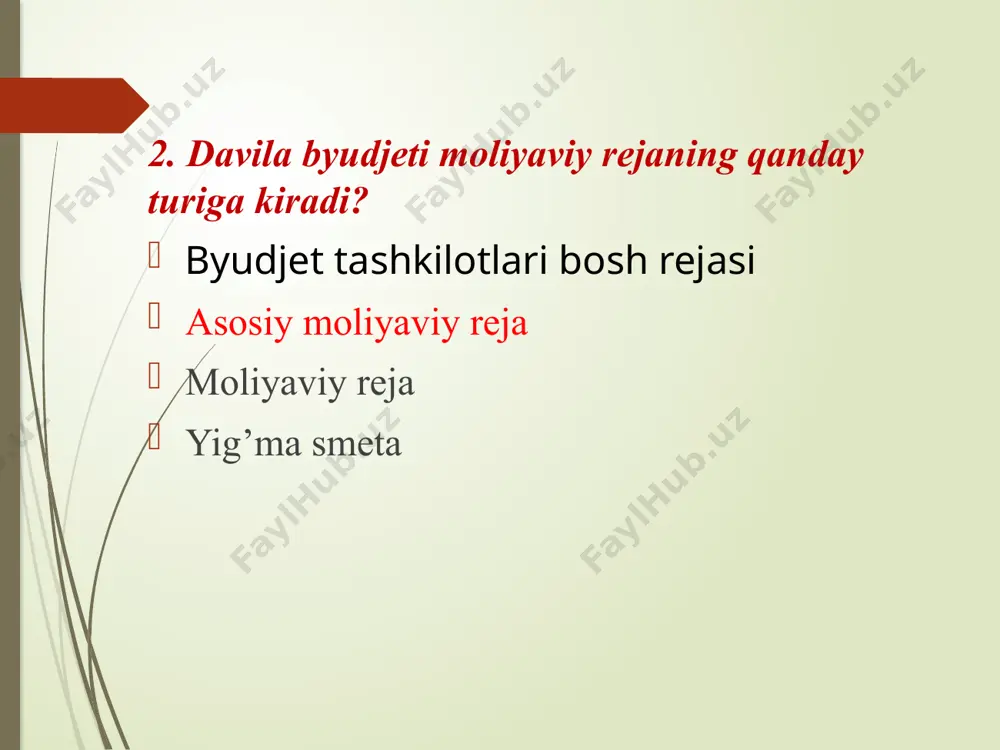 vlar aktivlar 10. mahalliy byudjetning tarkibiga bevosita qaysi byudjet kirmaydi? tuman byudjeti viloyat byudjeti respublika byudjeti shahar byudjeti эътиборингиз учун раҳмат! /docprops/thumbnail.jpeg