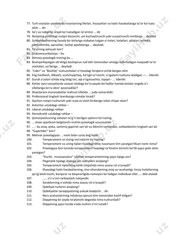 bu 62. nutqning aloqa vazifasi nimada ifodalanadi 63. shaxslararo munosabatlar – bu: 64. shaxsning faolligi deb 65. frusttratsiya: 66. birgalikda faoliyat ko‘rsatuvchilar o‘rtasida axborot ayirboshlash – 67. sezgi - bu: 68. adaptatsiya – bu: 69. idrok – bu: 70. appersepsiya – bu : 71. muloqotga kirishuvchilarning bir–birlarini idrok etishlari ... deyiladi. 72. idrokning mazmuniga ko‘ra turlari qaysi qatorda berilgan? 73. quyidagi fikrlarning qaysi biri aniqroq? 74. xotira – bu: 75. xotiraning mazmuniga qarab esda olib qolish turlari ko‘rsating? 76. muloqotga kirishuvchilarning o‘zaro birgalikdagi harakatiga ... deyiladi. 77. turli vositalar yordamida insonlarning fikrlari, hissiyotlari va hatti-harakatlariga ta’sir ko‘rsata olish ... dir. 78. so‘z va nutqimiz orqali ko‘rsatadigan ta’sirimiz ... dir 79. nutqning atrofidagi nutqni bezovchi, uni kuchaytiruvchi yoki susaytiruvchi omillarga ... deyilad 80. suhbatdoshlarning fazoda bir-birlariga nisbatan tutgan o‘rinlari, holatlari, qiliqlari, mimika, pantomimika, qarashlar, tashqi qiyofalariga ... deyiladi. 81. ta’sirning adresati kim? 82. diskommunikatsiya – bu 83. ijtimoiy psixologik trening bu …
