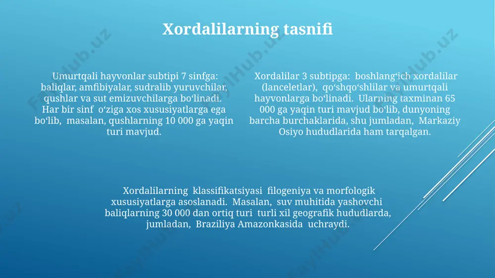 nglab kilometrlar naridagi suv havzalariga ko'chib o'tishadi. baliqlarning 20 000 dan ortiq turlari mavjud bo'lib, ular dunyoning barcha okeanlari, dengizlari va chuchuk suv havzalari, masalan, orol dengizi va amudaryo kabi joylarda keng tarqalgan. umurtqasizlar umurtqasiz hayvonlarning 1,5 million dan ortiq turlari mavjud bo'lib, ular yer yuzining barcha ekotizimlarida, masalan, o'zbekistonning cho'llaridan tortib, amazon o'rmonlarigacha uchraydi. umurtqasizlar, umumiy massasi bo'yicha, yer kurrasidagi barcha hayvonlarning 97% dan ko'prog'ini tashkil qiladi va 30 dan ortiq turkumni o'z ichiga oladi, bu ularning hayotning barcha sohalariga katta ta'sirini ko'rsatadi. dengiz umurtqasizlari, masalan, mercan rifi hududlarida, 250 m chuqurlikda yashovchi ko'plab qisqichbaqasimonlar va mollyuskalar, okean ekosistemalarining muhim tarkibiy qismidir. lansetniklar lansetniklarning embrion rivojlanishi umurtqali hayvonlarning embrion rivojlanishiga o'xshashligi sababli, ular umurtqali hayvonlarning evolyutsion tarixini o'rganishda muhim ahamiyatga ega bo'lib, masalan, xitoy va yaponiya qirg'oqlari yaqinida keng tarqalgan. ularning uzunligi 3-8 sm gacha yetishi mumkin va tanalarida 50-100 tagacha gill yoriqlari mavjud bo'lib, nafas olish jarayonida muhim …