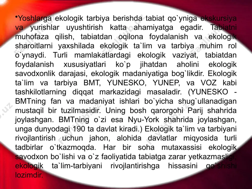da sodir bo`lishi mumkin, degan bashoratlarini tasdiqladi. sayyoramizdagi aholi sonining o`sishi va uning tabiatga salbiy ta`miri, uning iqtisodiy muammolarni keltirib chiqarishi eng murakkab, yechimi qiyin bo`lgan masalardandir. yuqorida keltirilgan komissiya barcha mamlakatlarning davlat arboblariga, ministrlarga, yirik korporatsiya raxbarlariga, yoshlarga, o`qituvchilarga murojaat qilib, barchani jamoatchilikni hayot-momot masalasi bo`lgan tabiatni muhofaza qilishga chaqiradi. agar tabiatni muhofaza qilish masalasi har bir yosh va keksaning ongiga qalar yetib bormasa, bu muammoni hal qilish qiyin. chunki maktab va o`quv yurtlari jamoatchilikni fikrini o`zgarishiga katta rol o`ynaydi. xx asrning o`rtalarida inson birinchi marotaba kosmosdan yerni ko`rishga muvaffaq bo`ldi. yerimiz unchalik katta bo`lmagan (nozik, zaif), sharsimon tuzilishiga ega, odamlar o`ylagancha yirik emas. yer bulutlar, okeanlar, o`simlik va tuprqlardan tuzilgan sistemadan iborat. inson o`z faoliyati bilan bu tizimga salbiy ta`sir etsa, yerda hayotning davom etishiga xavf tug`diradi. inson o`z faoliyatini tabiat qonunlari bilan moslashtirib borsa, uning hayoti va tabiat yashnab ravnaq topadi. bu borada insoniyatning madaniy va ma`naviy …