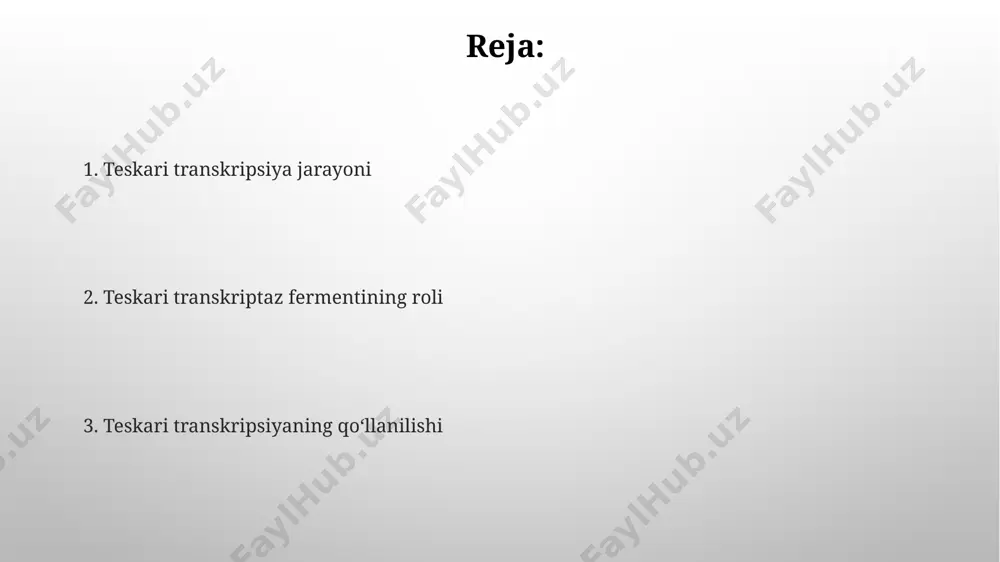 reaction) texnikasida cdna sintez qilishda qo'llaniladi, bu esa kam miqdordagi rnk namunalaridan dnk nusxalarini ko'paytirishga imkon beradi. kelajakdagi istiqbollar saraton hujayralarida gen ekspressiyasini o'zgartirish orqali yangi davolash usullarini ishlab chiqish, taxminan 50 dan ortiq genlarni aniq maqsad qilib olish imkoniyatini beradi. teskari transkripsiya asosida yangi avlod antiviral dori vositalarini yaratish, virus rnkini aniq nishonga olish orqali samaradorligini 10-15% ga oshirish mumkin. fermentlar va kofaktorlar ba'zi viruslar, masalan, retroviruslar, o'z genomlarini rnkdan dnkga o'tkazish uchun teskari transkriptaza fermentini va uning faoliyati uchun muhim bo'lgan 4 ta turdagi kofaktorlarni qo'llaydi. kofaktorlarning konsentratsiyasi teskari transkripsiya samaradorligiga sezilarli ta'sir ko'rsatadi; masalan, mg2+ ionlarining optimal konsentratsiyasi 1-10 mm oralig'ida bo'lishi mumkin. tadqiqotlardagi ahamiyati kanserogen genlarning ekspressiyasi darajasini o'rganishda teskari transkripsiya orqali olingan kdnkdan foydalanib, 100 dan ortiq namunalarda onkogenlarning faolligini aniqlash va ularning onkogenezi bilan bog'liqligini o'rganish mumkin. gen ekspressiyasi darajasini aniqlashda real vaqtli pcr (real-time pcr) texnologiyasi keng qo'llaniladi va teskari transkripsiya bu texnologiyaning …