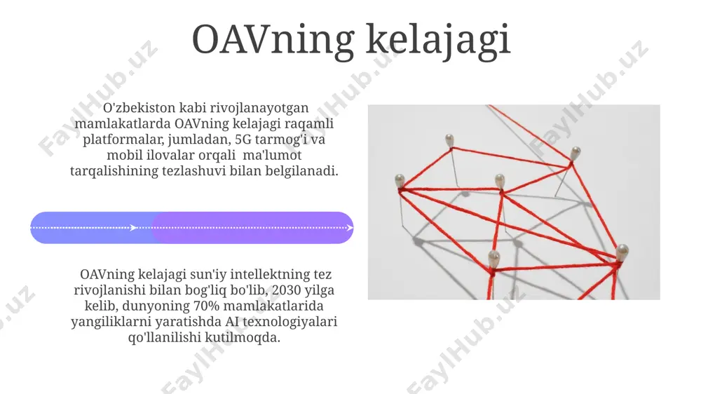 daromad keltirgan boʻlib, bu mamlakat yaimining 2% dan koʻprogʻini tashkil etadi. toshkentdagi oav korxonalarining 70% dan koʻprogʻi raqamli marketingga 2023-yilda oʻrtacha 100.000 aqsh dollari miqdorida sarmoya kiritgan. oavning egalik tuzilmasi jahon miqyosida, xususan yevropa mamlakatlarida, 10 dan ortiq yirik oav egalarining raqobatbardosh bozori mavjud bo'lib, bu xilma-xil axborot manbalarini ta'minlashga yordam beradi, biroq ba'zi hollarda monopoliyaga olib kelishi mumkin. 2023-yil ma'lumotlariga ko'ra, o'zbekistondagi oavning 70% dan ortig'i davlat nazorati ostida bo'lib, mustaqil jurnalistika rivojiga to'sqinlik qilmoqda va axborot erkinligiga ta'sir ko'rsatmoqda. oavni tartibga solish oavni tartibga solishda raqamli texnologiyalar, masalan, sun'iy intellekt va 5g tarmoqlari, katta ahamiyat kasb etadi, chunki ular yangi xavf-xatarlarni keltirib chiqarishi mumkin. o'zbekiston respublikasining "ommaviy axborot vositalari to'g'risida"gi qonuni 2019-yilda qabul qilingan bo'lib, unda oav faoliyatini tartibga solishning 3 asosiy yo'nalishi belgilangan. e'tiboringiz uchun rahmat @taqdimot_robot image4.jpg image5.jpg image6.jpg image7.jpg image8.jpg image9.jpg image10.jpg image11.jpg image12.jpg image13.jpg image14.jpg image15.jpg image16.jpg image17.jpg image18.jpg image19.jpg image20.jpg image1.jpeg image2.jpeg image3.jpeg