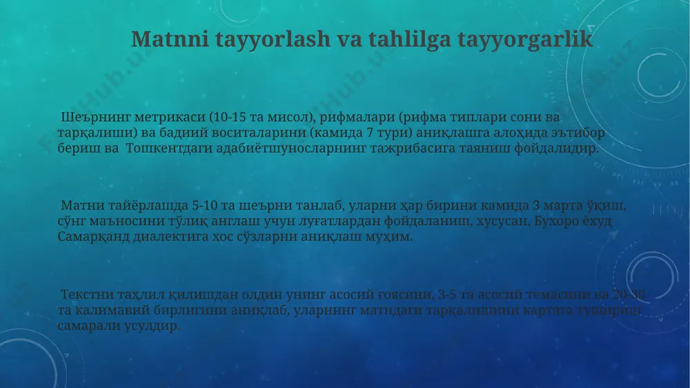 lil uslubini (semiotika, psixolingvistika va boshqalar) va ularning natijalarini 15 ta misol bilan hujjatlashtirish, natijalarni aniq va qisqacha ifodalashga yordam beradi. xulosa qismida 2-3 ta asosiy xulosa chiqarish, toshkentdagi olimlar tomonidan qo'llaniladigan standartlarga muvofiq, natijalarning ahamiyatini va kelgusidagi tadqiqotlar uchun tavsiyalarni berish kerak. muallifning individual uslubi muallifning 19-asr oxiri – 20-asr boshlariga oid ijodida, buxoro va xiva maktablari ta'siriga oid 5 ta asosiy stilistik xususiyatni ajratish mumkin, ularning har biri o'ziga xos fonetik va ritmik tuzilmalarga ega. muallifning individual uslubini aniqlashda 100 dan ortiq she'rlarini tahlil qilish orqali, uning 70% ga yaqinida takrorlanuvchi obrazlar, 30% da esa noyob metafora va simvollar mavjudligini samarqanddagi qo'lyozmalar orqali aniqlash mumkin. "muallifning individual uslubi"ni o'rganishda, uning she'rlardagi takrorlanuvchi motivlar sonini (taxminan 25 ta), leksik boyligini (5000 so'z atrofida) va grammatik qurilmalarning xilma-xilligini (20 dan ortiq) hisobga olish zarur. she'riy shakl va tuzilmani tahlil qilish she'riy matnning 10-15 baytini tahlil qilish orqali, uning umumiy shakli …