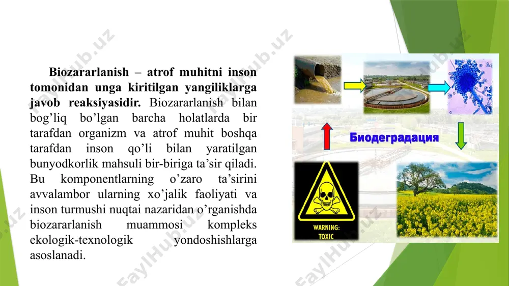i deb material buyum inshoot tabiiy homashyolarga hujum qiluvchi va ularning xossalarini inson uchun nomaqbul qiluvchi organizmlarga ataladi. bunday organizmlar biozararlanish agentlari yoki zararlantiruvchi organizmlar deb ham yuritiladi. inshootlar, buyumlar, materiallar, mahsulotlar organizmlar bilan zararlanganda foydali xususiyatlarini yo’qotadilar. ularni biozararlanish ob’ektlari yoki biozararlanadigan ob’ektlar deyiladi. biozararlanish hamisha, qanday bo’lmasin, to’g’ridan to’g’ri yoki bir tomondan atrof-muhit bilan bog’langan deb qaraladi. muhitsiz hech qanday biozararlanish vujudga kelmaydi va bo’lmaydi. biozararlanishning atrof-muhitda o’z analoglari-ekologik prototiplari bo’lib, tabiatda shunga o’xshash hodisalar inson paydo bo’lishidan oldin ham, ayniqsa hozirgi davrda inson muntazam ravishda muhitni buyum va materiallar bilan to’ldirib turishi biozararlanishni vujudga kelishiga sharoit yaratadi. biozararlanishlardan biri - kemalarda suv o’tlari, qisqichbaqasimonlar va mollyusklar bioqoplamasining o’sishi-tabiatda ularning suzivchi buyumlarga tabiiy o’sivchi bioqoplama ularni ekotiplari mavjudligidan darak beradi. masalan: suvga qulagan daraxtlarda va h organizmlarning muhitga tushgan yangi predmetga nisbatan ta’sirchanligi biozararlanishlar jarayoni nafaqat atrof-muhit ta’sirini sezadi, o’z navbatida o’rab olgan barcha yaqin muhitni o’zgartirib, unga …