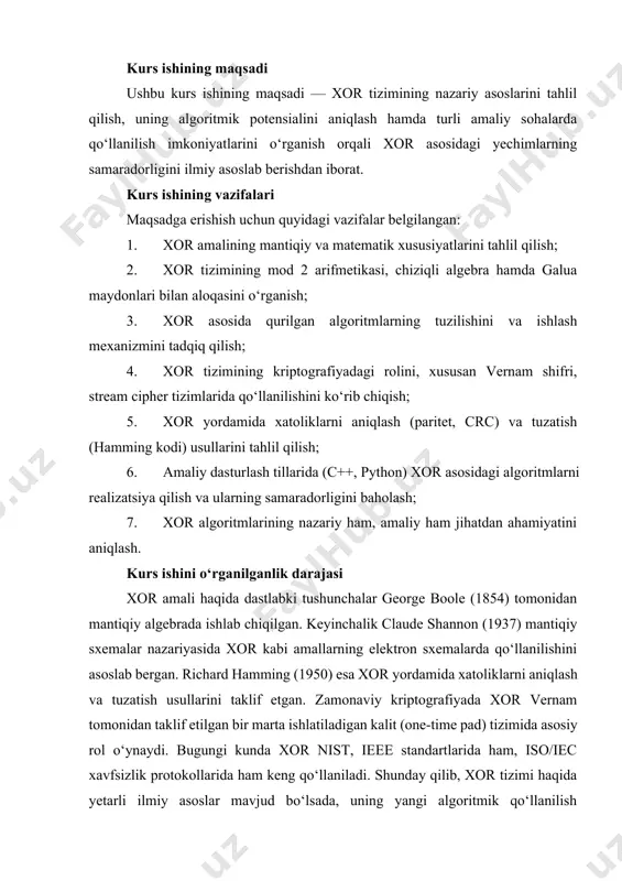 or amali haqida dastlabki tushunchalar george boole (1854) tomonidan mantiqiy algebrada ishlab chiqilgan. keyinchalik claude shannon (1937) mantiqiy sxemalar nazariyasida xor kabi amallarning elektron sxemalarda qo‘llanilishini asoslab bergan. richard hamming (1950) esa xor yordamida xatoliklarni aniqlash va tuzatish usullarini taklif etgan. zamonaviy kriptografiyada xor vernam tomonidan taklif etilgan bir marta ishlatiladigan kalit (one-time pad) tizimida asosiy rol o‘ynaydi. bugungi kunda xor nist, ieee standartlarida ham, iso/iec xavfsizlik protokollarida ham keng qo‘llaniladi. shunday qilib, xor tizimi haqida yetarli ilmiy asoslar mavjud bo‘lsada, uning yangi algoritmik qo‘llanilish imkoniyatlari — masalan, kvant kriptografiyasi, ma’lumotlar tuzilmalari optimallashtirish, ai asosidagi xavfsizlik tizimlari sohasida hali ham tadqiqotlar davom etmoqda. kurs ishining metodlari ushbu kurs ishida quyidagi ilmiy metodlar qo‘llanilgan: · tahlil va sintez — xor tizimining tarkibiy qismlarini ajratib olish hamda ularni umumlashtirish; · solishtirma tahlil — xor asosidagi algoritmlarni boshqa algoritmik yondashuvlar bilan taqqoslash; · matematik modellashtirish — xor amalini mod 2 arifmetikasi va chiziqli …