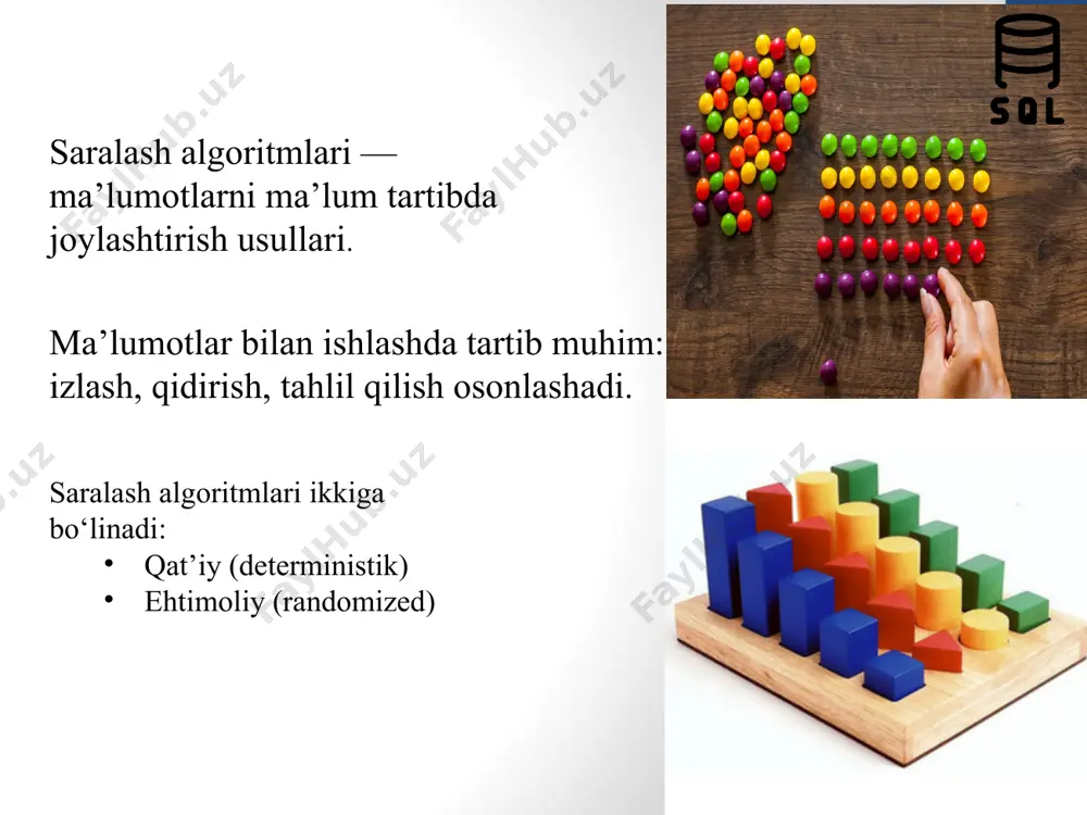 ick sort uchun hayotiy misol: bizda bir nechta domino donachalari mavjud bir istalgan donani olamiz va undan kichiklarini chapga kattalarini esa o’ng tomonga o’tkizib tartiblaymiz algoritm tavsif bubble sort juda oddiy selection sort o’rganishga qulay insertion sort tartiblanganlar uchun merge sort barqaror, samarali quick sort juda tez heap sort xotira yaxshi ishlatiladi image2.png image3.jpeg image4.jpeg image5.png image6.png image7.png image8.jpeg image9.png image10.png image11.jpeg image12.png image13.jpeg image14.png image15.jpeg image16.jpeg image17.png image18.jpeg image19.jpeg /docprops/thumbnail.jpeg