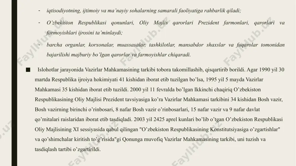 tasdiqlandi, ularning apparati hokimiyatlar tuzildi. mahalliy hokimiyat organlari vakolatiga kiradigan masalalar va vazifalar konstitutsiyaning 100 va 101 moddalarida aniq belgilab qo’yilgan. ular quyidagilardan iborat: qonuniylikni, huquqiy tartibotni va fuqarolarning xavfsizligini ta’minlash; hududlarni iqtisodiy, ijtimoiy va madaniy rivojlantirish; mahalliy budjetni shakllantirish va uni ijro etish, mahalliy soliqlar, yig’imlarni belgilash, budjetdan tashqari jamg’armalarni hosil qilish; mahalliy kommunal xo’jalikka rahbarlik qilish; atrofmuhitni muhofaza qilish; fuqarolik holati aktlarini qayd etishni ta’minlash; normativ hujjatlarni qabul qilish hamda o’zbekiston respublikasi konstitutsiyasiga va o’zbekiston respublikasi qonunlariga zid kelmaydigan boshqa vakolatlarni amalga oshirish; o’zbekiston pespublikasi qonunlari, prezident farmonlari, davlat hokimiyati yuqori organlarining qarorlarini amalga oshirish; xalq deputatlari quyi kengashlari faoliyatiga rahbarlik qilish, respublika va mahalliy ahamiyatga molik masalalarni muhokama qilishda qatnashish. mustaqillik yillarida mahalliy hokimiyatni shakllantirish bo’yicha amalga oshirilgan islohotlar natijasida ijro hokimiyati bilan vakillik hokimiyati birbiridan rasman ajratildi. hokimlar xalq deputatlari kengashlariga bo’ysunmaydi, ammo kengash oldida hisob berib turadi. shu bilan birga hokimlarni joylarda ham vakillik, ham …