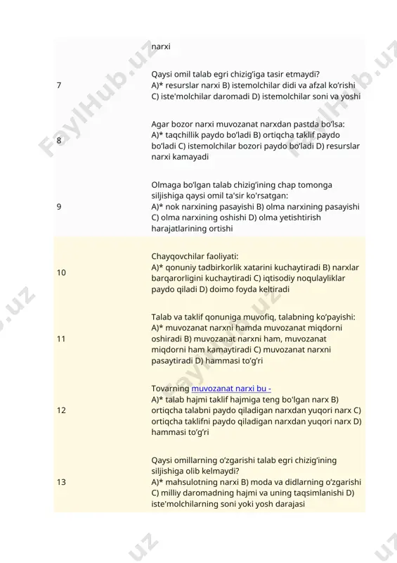 adi c) iqtisodiy noqulayliklar paydo qiladi d) doimo foyda keltiradi 11 talab va taklif qonuniga muvofiq, talabning ko’payishi: a)* muvozanat narxni hamda muvozanat miqdorni oshiradi b) muvozanat narxni ham, muvozanat miqdorni ham kamaytiradi c) muvozanat narxni pasaytiradi d) hammasi to’g’ri 12 tovarning muvozanat narxi bu - a)* talab hajmi taklif hajmiga teng bo'lgan narx b) ortiqcha talabni paydo qiladigan narxdan yuqori narx c) ortiqcha taklifni paydo qiladigan narxdan yuqori narx d) hammasi to’g’ri 13 qaysi omillarning o’zgarishi talab egri chizig’ining siljishiga olib kеlmaydi? a)* mahsulotning narxi b) moda va didlarning o’zgarishi c) milliy daromadning hajmi va uning taqsimlanishi d) istе'molchilarning soni yoki yosh darajasi 14 tеxnologiyaning takomillashuvi: a)* taklif chizig’ini yuqoriga va o’ngga surilishiga olib keladi b) talab chizig’ini yuqoriga va o’ngga surilishiga olib keladi c) talab chizig’ini chapga va pastga surilishiga olib keladi d) taklif chizig’ini chapga va pastga surilishiga olib keladi 15 tovar va xizmatlar bozori muvozanat holatda …