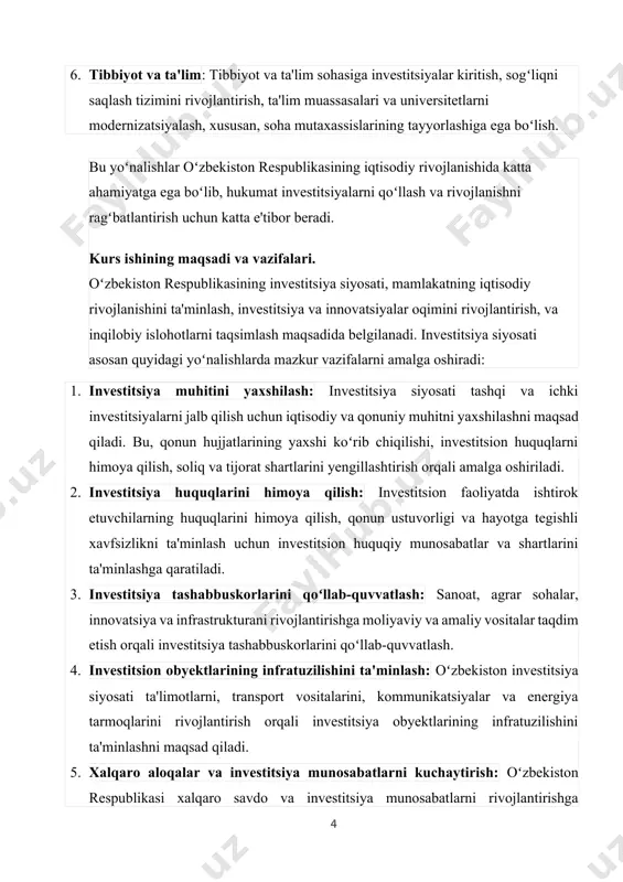 ya tarmoqlarini rivojlantirishga duch kelaydi. bu, yoʻl, temiryoʻl, aviatsiya, energiya tarmoqlari, va telekommunikatsiya infrastrukturasi kabi sohalarda investitsiyalarni ta'minlashni oʻz ichiga oladi. ta'lim va ilmiy tadqiqot sohasi: oʻzbekiston respublikasi, investitsiya siyosati orqali ta'lim va ilmiy tadqiqot sohasini ham rivojlantiradi. bu, yangi texnologiyalarni integratsiyalash, ma'naviyat, texnologiyalarni oʻrganish va rivojlantirishga investitsiyalarni ajratish orqali amalga oshiriladi. kurs ishining subyekti. davlat: davlat, investitsiya siyosatini shakllantiradi va amalga oshiradi. bu, investitsiya qonunlarini, chegirmalarni, va dastlabki kapitalni jalb qilish uchun muvaffaqiyatli dasturlarni yaratishga ixtisoslashgan. korporativ sohasi: korporativ sohalar, investitsiya siyosatining ijro etishiga muvaffaqiyatli qatnashadilar. ular xususiy kapitalni jalb qilish, investitsiya loyihalarini boshqarish va uni rivojlantirishga qaratilganlar. xalqaro tashkilotlar: xalqaro tashkilotlar, oʻzbekiston respublikasiga investitsiya kiritish va uning iqtisodiy rivojlanishini ta'minlashda muhim rol oʻynaydilar. ularning investitsiya qilish, investitsiya loyihalarini moliyalashtirish, va qoʻllab-quvvatlash yoki koʻrsatish orqali mamlakatning iqtisodiy rivojlanishiga oʻz hissalarini qoʻshishadi. investitsiya siyosati, obyektlar va subyektlar oʻrtasida oʻzaro hamkorlikni ta'minlash orqali oʻzbekiston respublikasining iqtisodiy rivojlanishini ta'minlashda muhim ahamiyatga ega. …