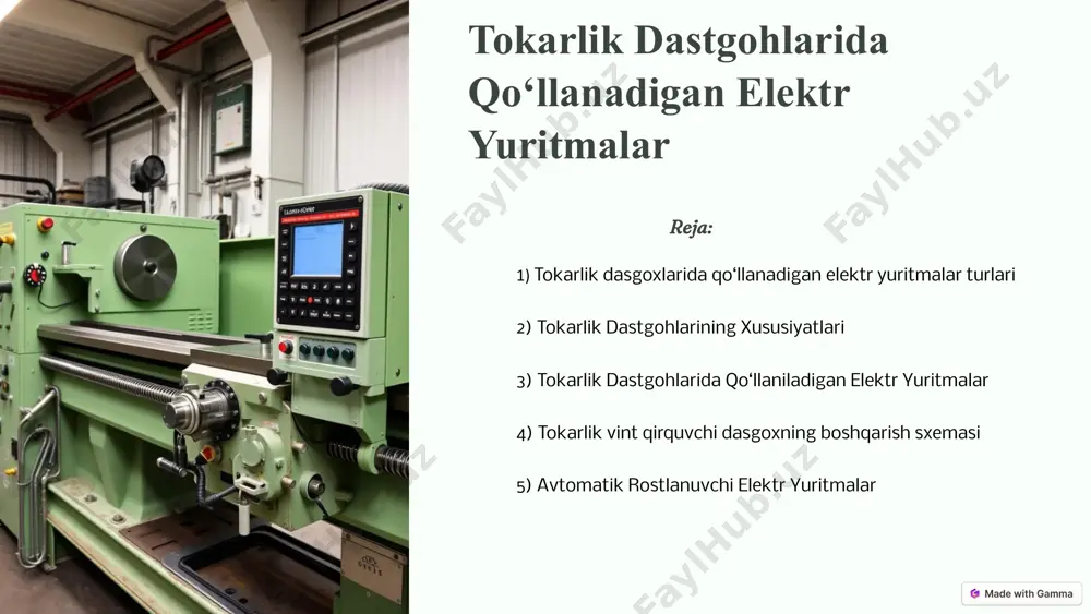 jasida pog‘onalar aro intervaldagi tezlik (35) diapazonda ravon rostlanadi. tokarlik dastgohlarining xususiyatlari tokarlik dastgohlari metall, yog‘och, plastmassa va boshqa materiallardan turli shakl va o‘lchamdagi buyumlarni ishlab chiqarishda qo‘llaniladi. ularning asosiy xususiyatlariga aylanish tezligi, kesish chuqurligi, ishlov beriladigan materialning o‘lchamlari, dastgohning kuchlanishi va boshqalar kiradi. asosiy xususiyatlar aylanish tezligi kesish chuqurligi material o‘lchamlari qo‘llanilishi tokarlik dastgohlari metall, yog‘och, plastmassa va boshqa materiallardan turli shakl va o‘lchamdagi buyumlarni ishlab chiqarishda qo‘llaniladi. 5 tokarlik dastgohlarida qo‘llaniladigan elektr yuritmalar tokarlik dastgohlarida qo‘llaniladigan elektr yuritmalar turli xil bo‘lib, ularning tanlovi dastgohning turlariga, ishlov beriladigan materialga va ishlov berish jarayonining xususiyatlariga bog‘liq. o’zgaruvchan tokli (ac) o’zgaruvchan tokli elektr yuritmalar yuqori kuchlanishli dastgohlarda qo‘llaniladi va ular yuqori quvvatga ega. punkt-kontaktli punkt-kontaktli elektr yuritmalar harakatni aniq va silliq tarzda uzatish uchun qo‘llaniladi va ular dastgohning aniqligiga yaxshi ta‘sir qiladi. masofaviy boshqariladigan masofaviy boshqariladigan elektr yuritmalar dastgohni masofadan boshqarish imkoniyatini beradi, bu esa operatorlarning ish sharoitlarini yaxshilaydi. 6 tokarlik …