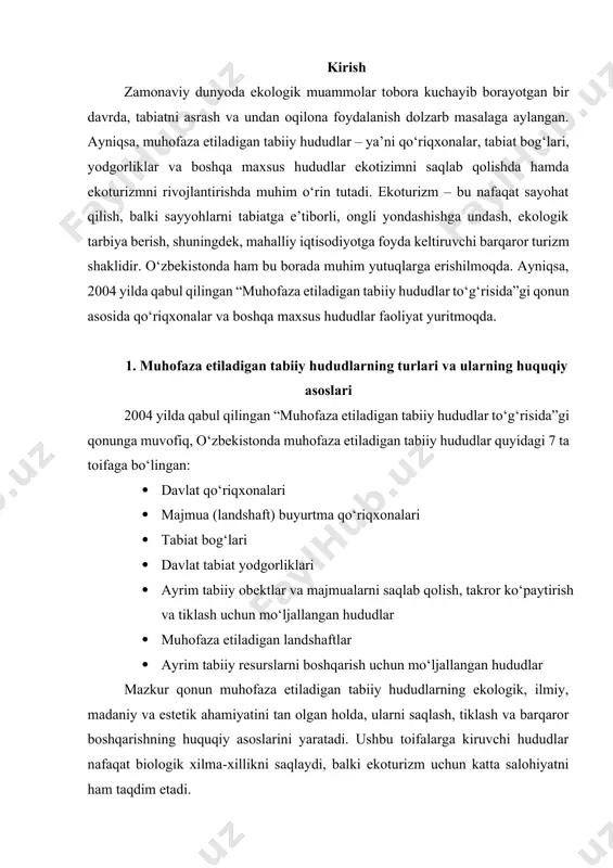 iiy hududlar o‘zbekistonda ekoturizmni rivojlantirishda katta salohiyatga ega. bu hududlar ekologik barqarorlikni saqlash, noyob tabiiy resurslarni himoya qilish bilan birga, barqaror iqtisodiy rivojlanishning asosi bo‘lishi mumkin. biroq ekoturizm faqatgina mas’uliyatli yondashuv, qat’iy ekologik qoidalar va mahalliy aholi ishtirokidagi barqaror model asosida tashkil etilsa, u muvaffaqiyatli bo‘ladi. davlat tomonidan qo‘llab-quvvatlanayotgan qonuniy asoslar esa bu sohani yanada kengaytirishga zamin yaratmoqda.