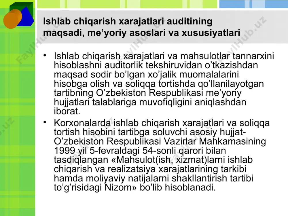 h, xizmat ko’rsatish) xarajatlari to’langan vaqtidan qat’iy nazar (oldin yoki keyinchalik to’langan), qaysi hisobot davriga taalluqli bo’lsa, shu davr tannarxiga qo’shiladi. xo’jalik faoliyatidagi faktlarning vaqtinchalik aniqlik tamoili tannarxni to’g’ri shakllantirish uchun tovar-moddiy zahira (ish, xizmat)lar qiymatining to’langanlik fakti emas, balki ularni ishlatish(sarflash) fakti ahamiyatli ekanini bildiradi. masalan, auditorga tekshiruv o’tkazish uchun taqdim qilingan hujjatlar mazmunidan ma’lum bo’lishicha, tekshirilayotgan korxona tomonidan o’tgan yili dekabr oyida keyingi yil uchun ishlab chiqarish binolarining ijara haqi to’langan. ushbu sarf shu vaqtning o’zida ya’ni o’tgan yili dekabr oyida mahsulot(ish, xizmat)lar tannarxiga olib borilgan. auditor ushbu xo’jalik muomalasini asossiz, ya’ni o’tgan yildagi mahsulot (ish, xizmat) lar tannarxini sun’iy ravishda oshirgan va moliyaviy natijani hamda foyda solig’ini pasaytirgan deb topdi va tuzatish kiritishni tavsiya qildi. shu bilan birga to’langan ijara haqi keyingi yil davomida umumiy summaning 1/12 qismi miqdorida har oyda xarajatga hisobdan o’chirishi lozimligini tushuntirdi. o’zbekiston respublikasi «buxgalteriya hisobi to’g’risida»gi qonunining 9-moddasiga muvofiq korxonada sodir etilgan …